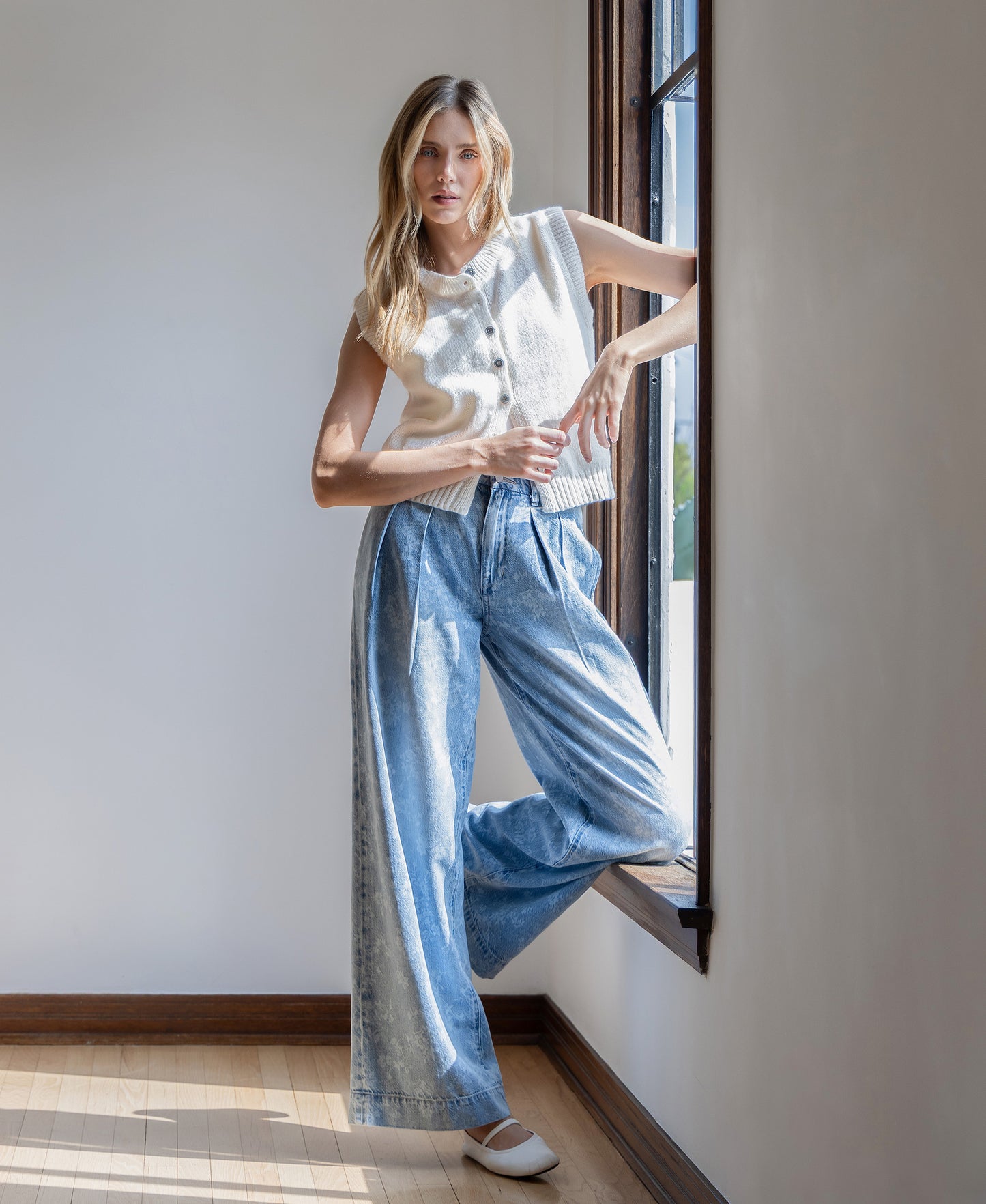 editorial image of Floral Print - Super High Rise Pleated Wide Leg Jeans