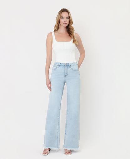 Front product images of Blue Ringer - High Rise Uneven Frayed Hem Wide Leg Jeans