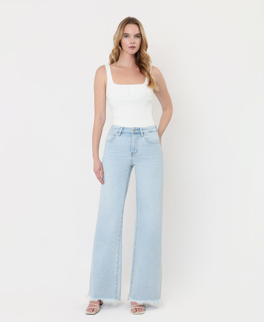 Front product images of Blue Ringer - High Rise Uneven Frayed Hem Wide Leg Jeans