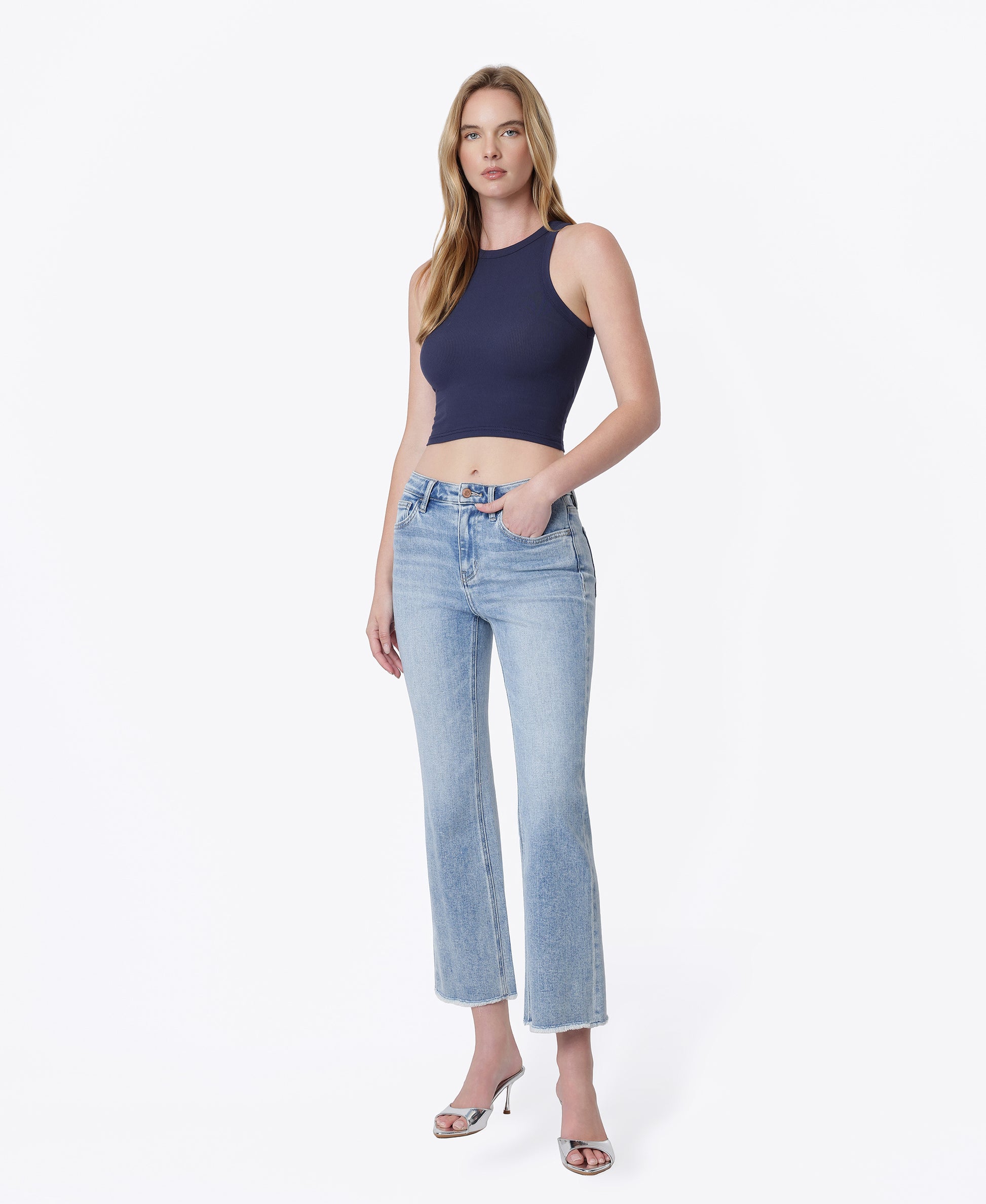 Left 45 degrees product image of Peaceable - High Rise Raw Hem Kick Flare Jeans