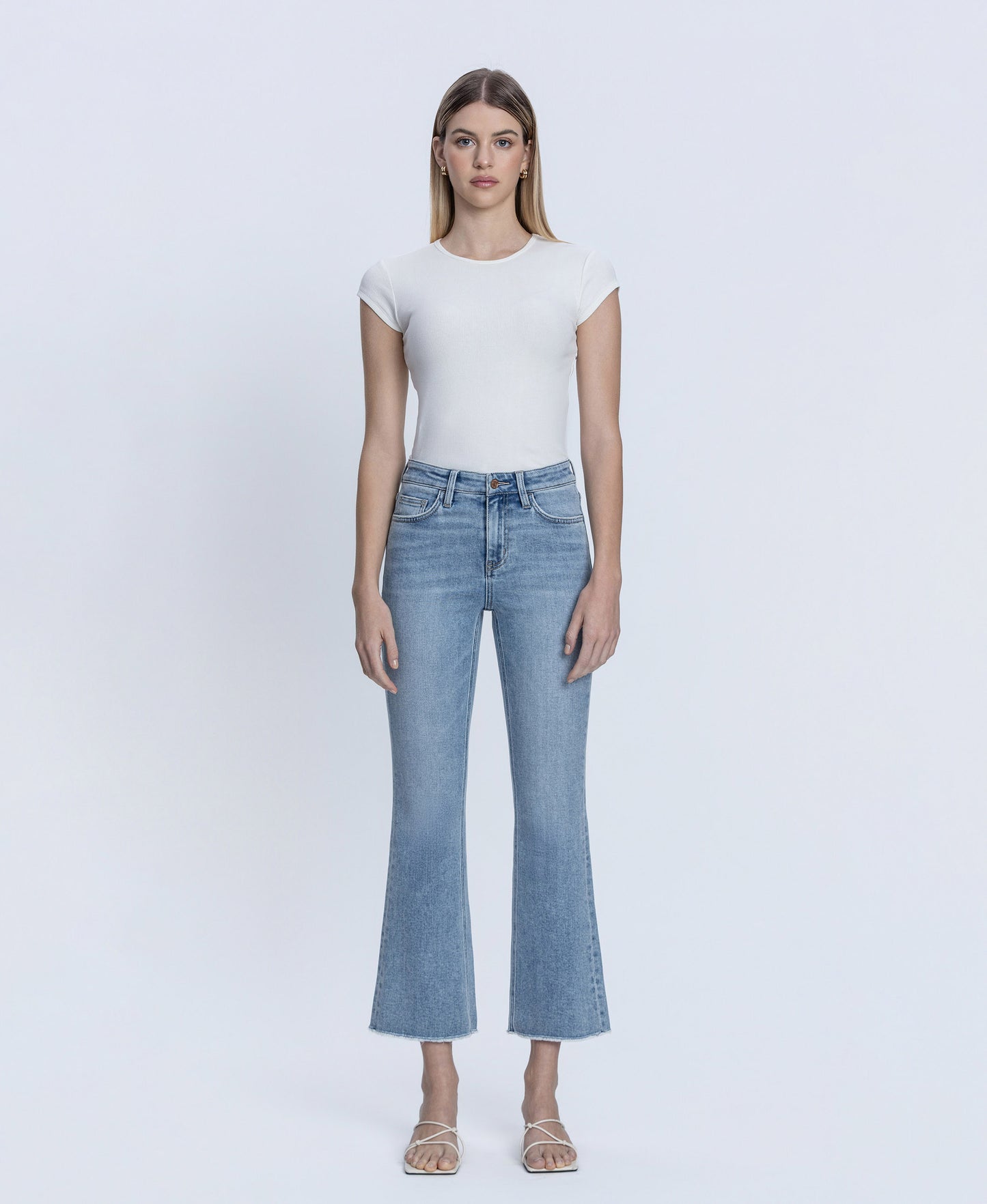 Front product images of  Peaceable - High Rise Raw Hem Kick Flare Jeans