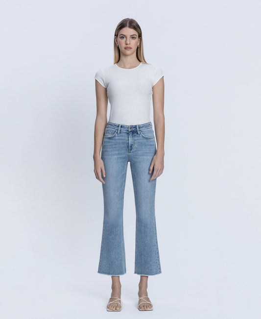 Front product images of  Peaceable - High Rise Raw Hem Kick Flare Jeans