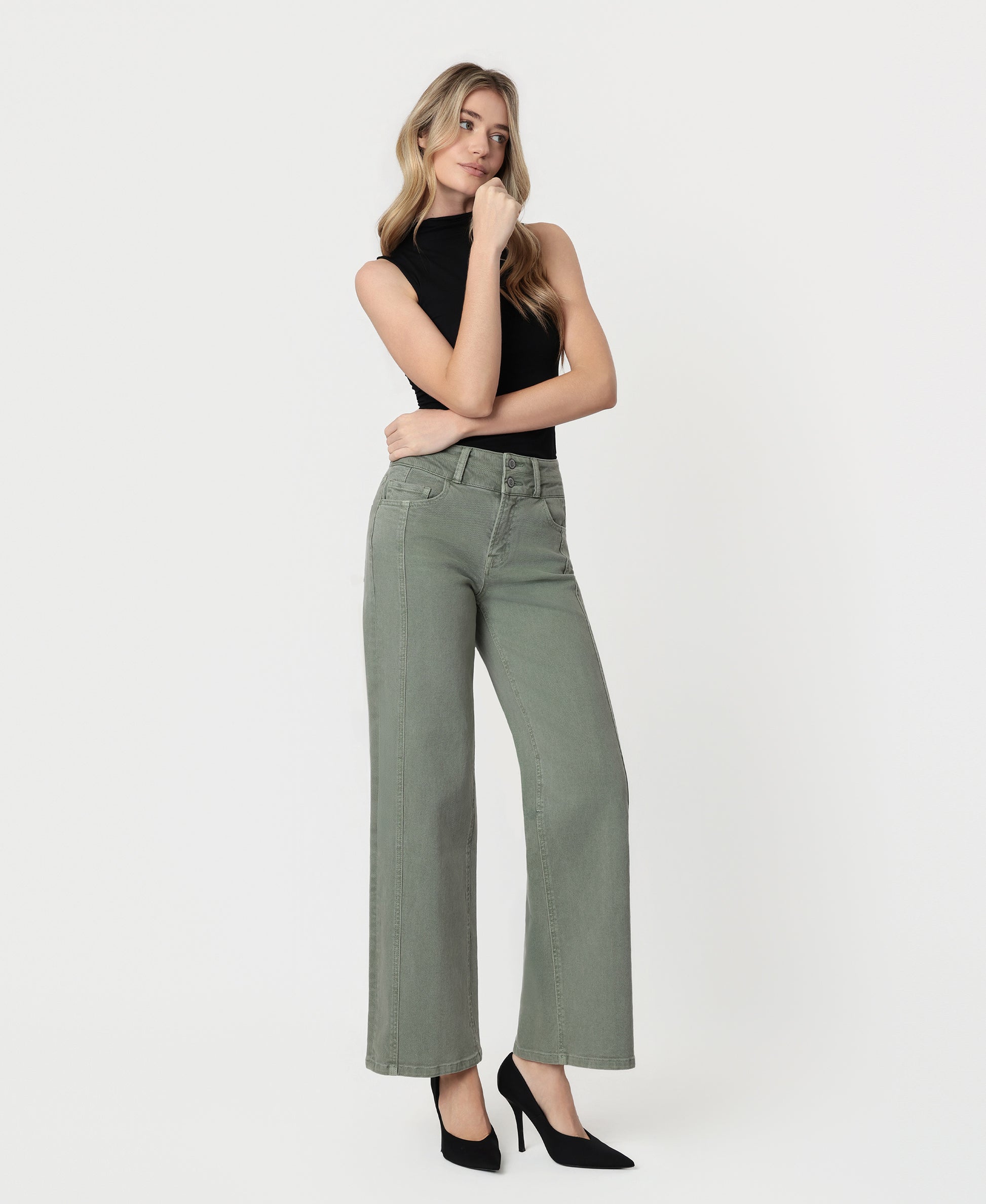Right 45 degrees product image of Sage Green - Super High Rise Double WB 2 Buttons Wide Leg Jeans