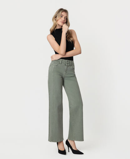 Right 45 degrees product image of Sage Green - Super High Rise Double WB 2 Buttons Wide Leg Jeans