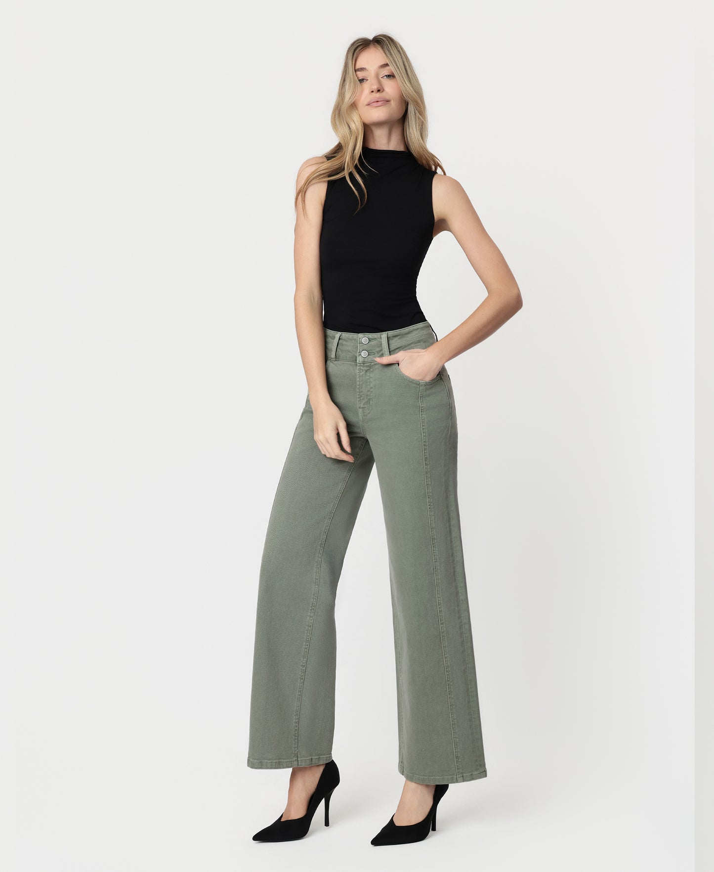 Left 45 degrees product image of Sage Green - Super High Rise Double WB 2 Buttons Wide Leg Jeans