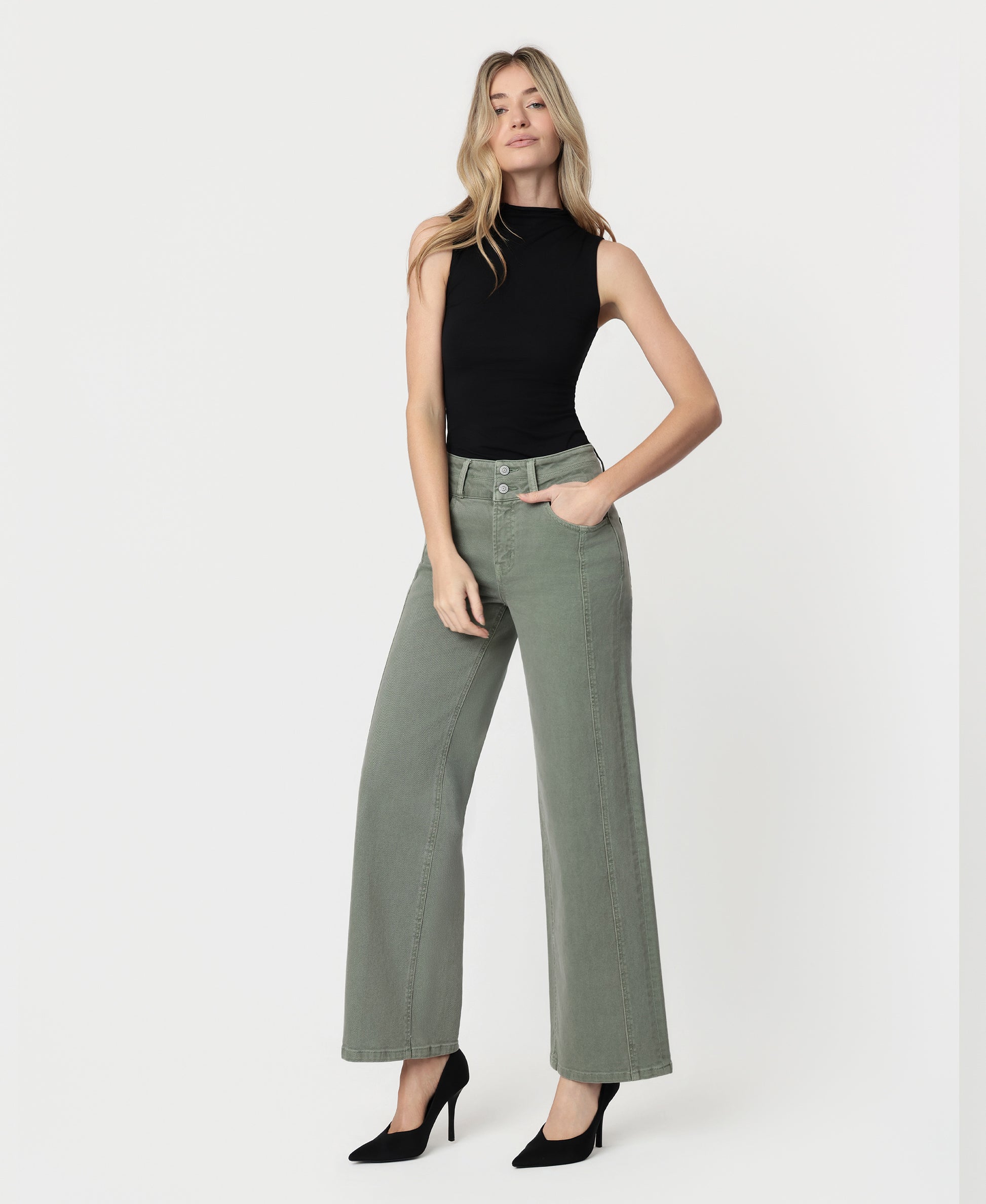 Left 45 degrees product image of Sage Green - Super High Rise Double WB 2 Buttons Wide Leg Jeans