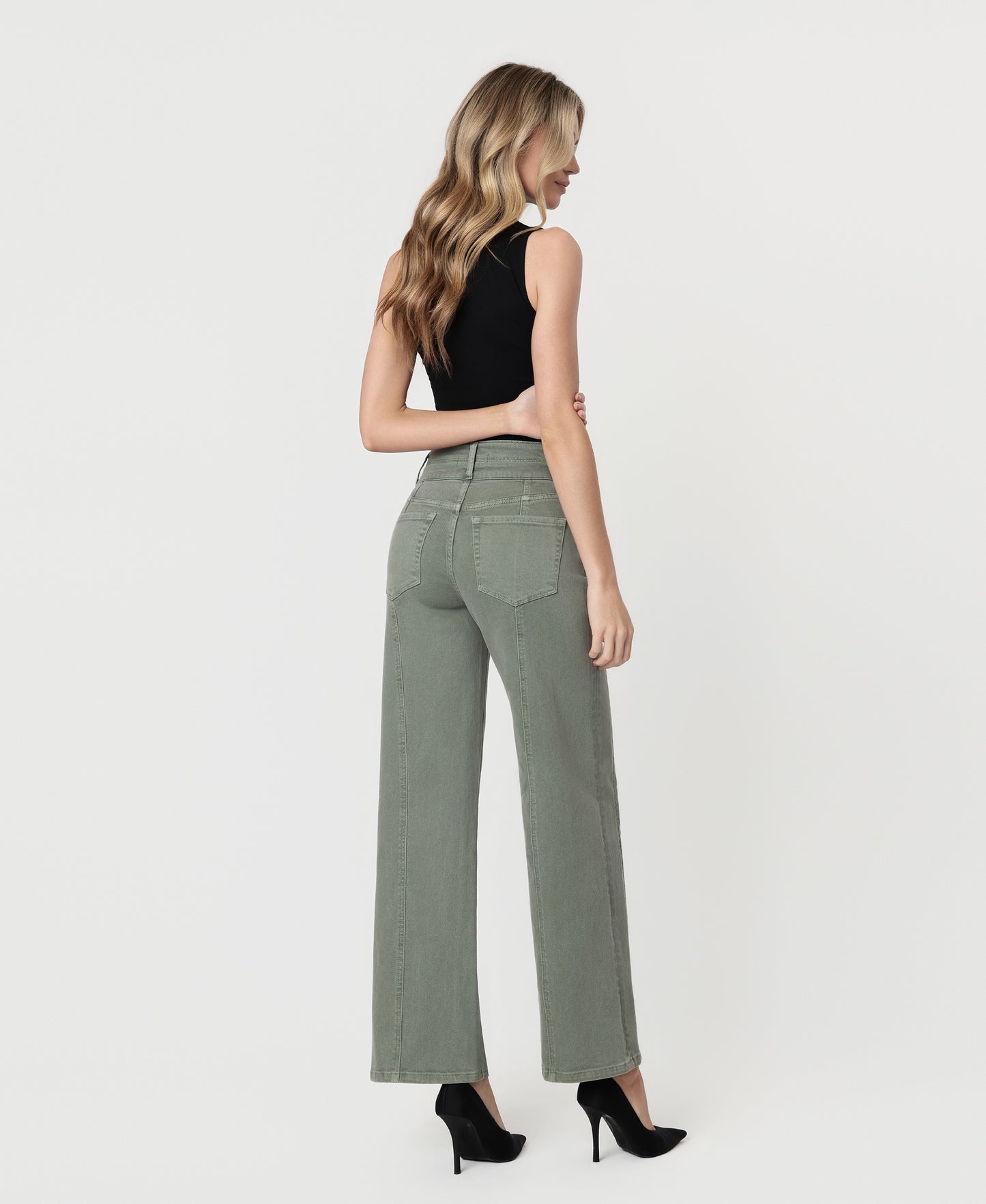 Back product images of Sage Green - Super High Rise Double WB 2 Buttons Wide Leg Jeans