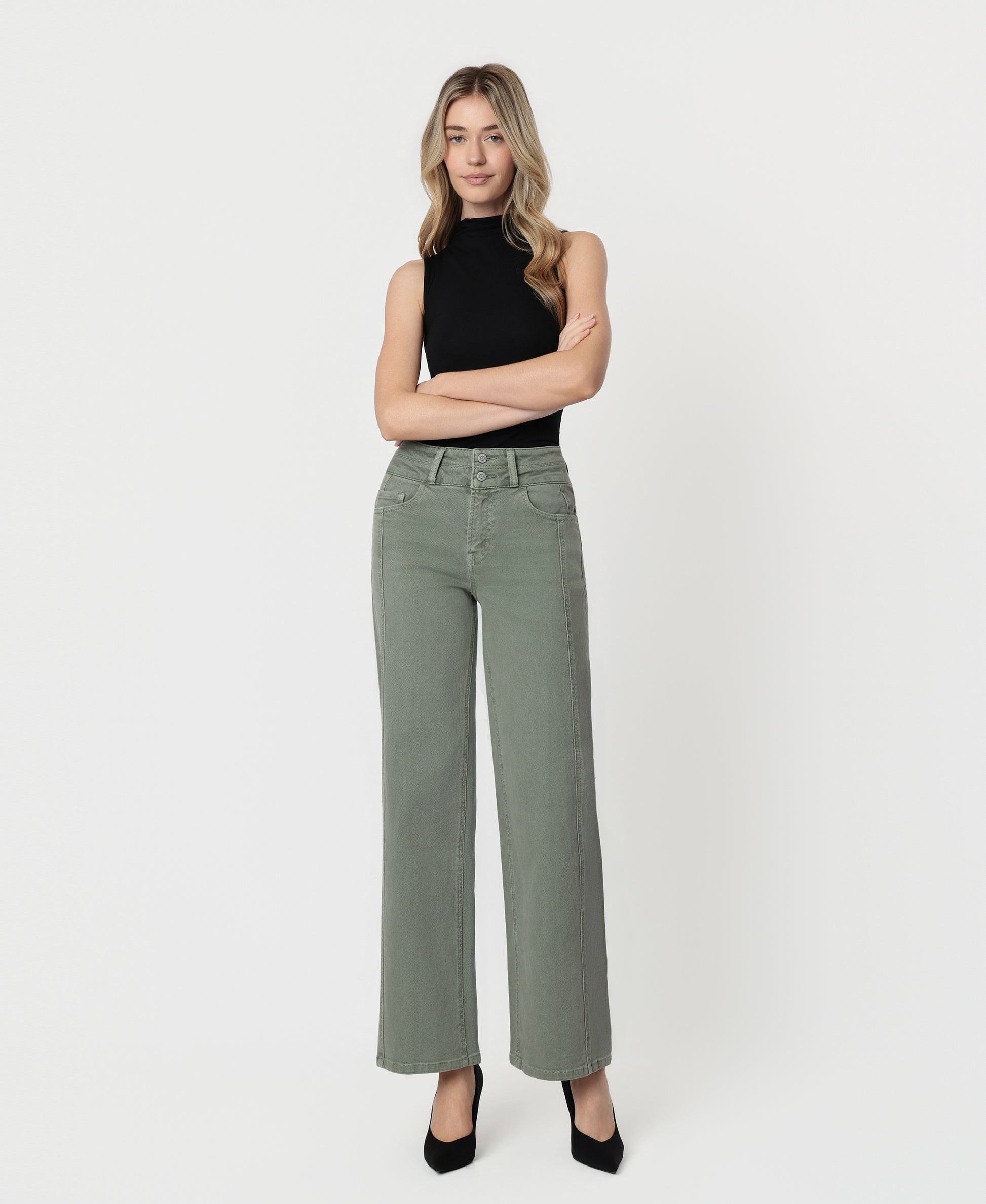 Front product images of Sage Green - Super High Rise Double WB 2 Buttons Wide Leg Jeans