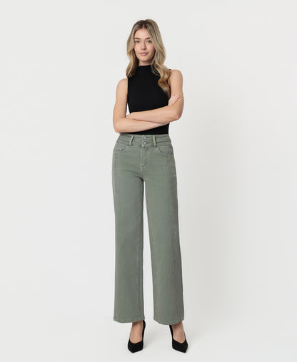 Front product images of Sage Green - Super High Rise Double WB 2 Buttons Wide Leg Jeans
