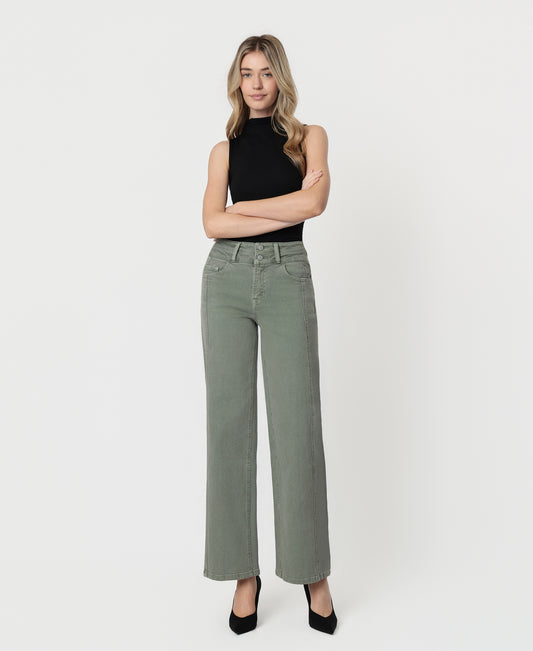 Front product images of Sage Green - Super High Rise Double WB 2 Buttons Wide Leg Jeans
