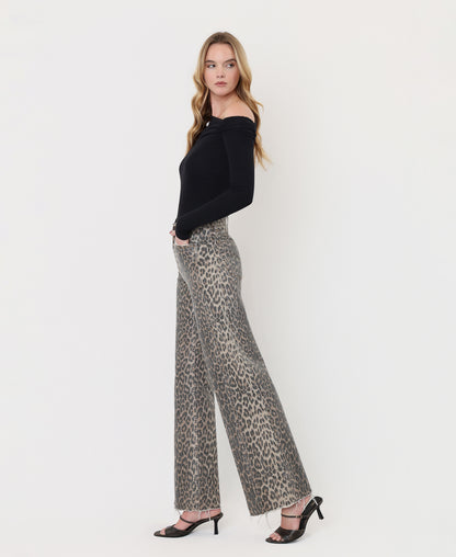 Left side product images of Leopard - High Rise Side Seam Detail Wide Leg Jeans