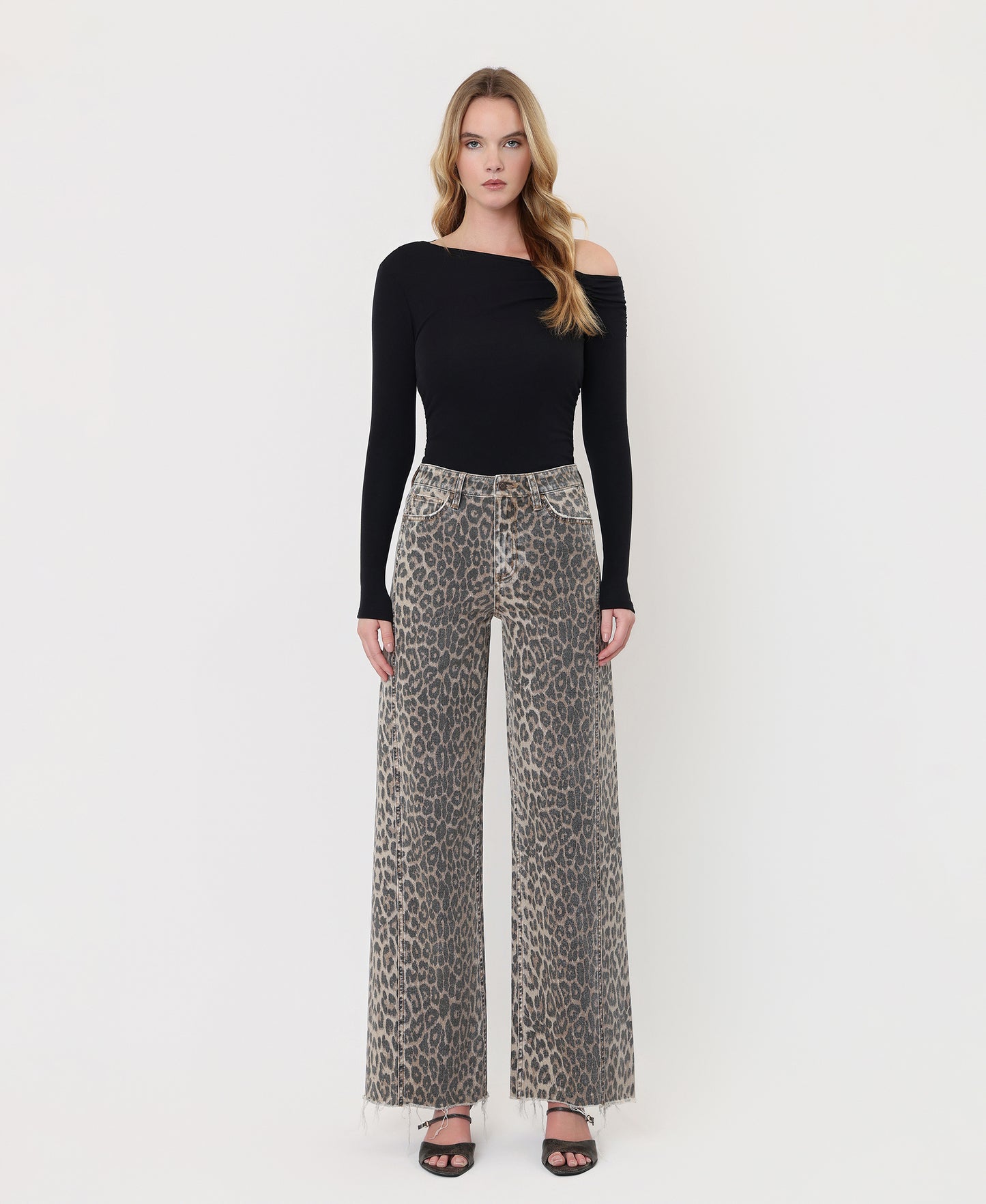 Front product images of Leopard - High Rise Side Seam Detail Wide Leg Jeans