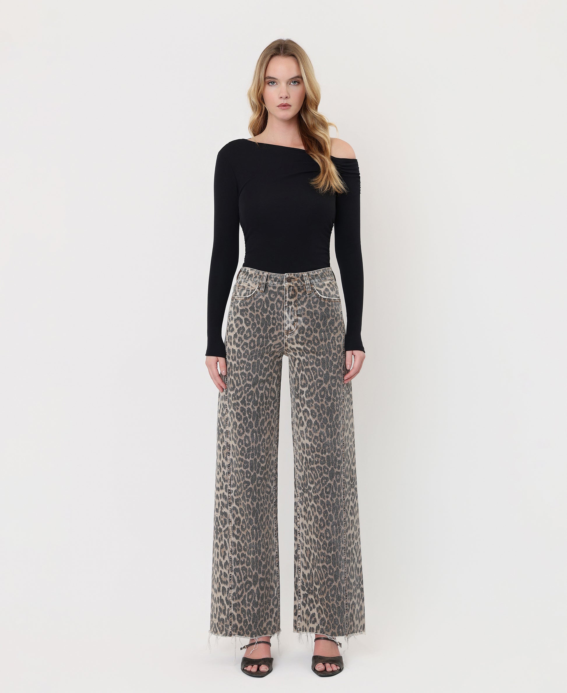 Front product images of Leopard - High Rise Side Seam Detail Wide Leg Jeans