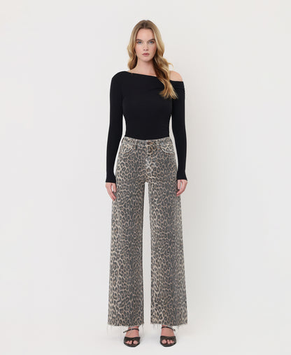 Front product images of Leopard - High Rise Side Seam Detail Wide Leg Jeans