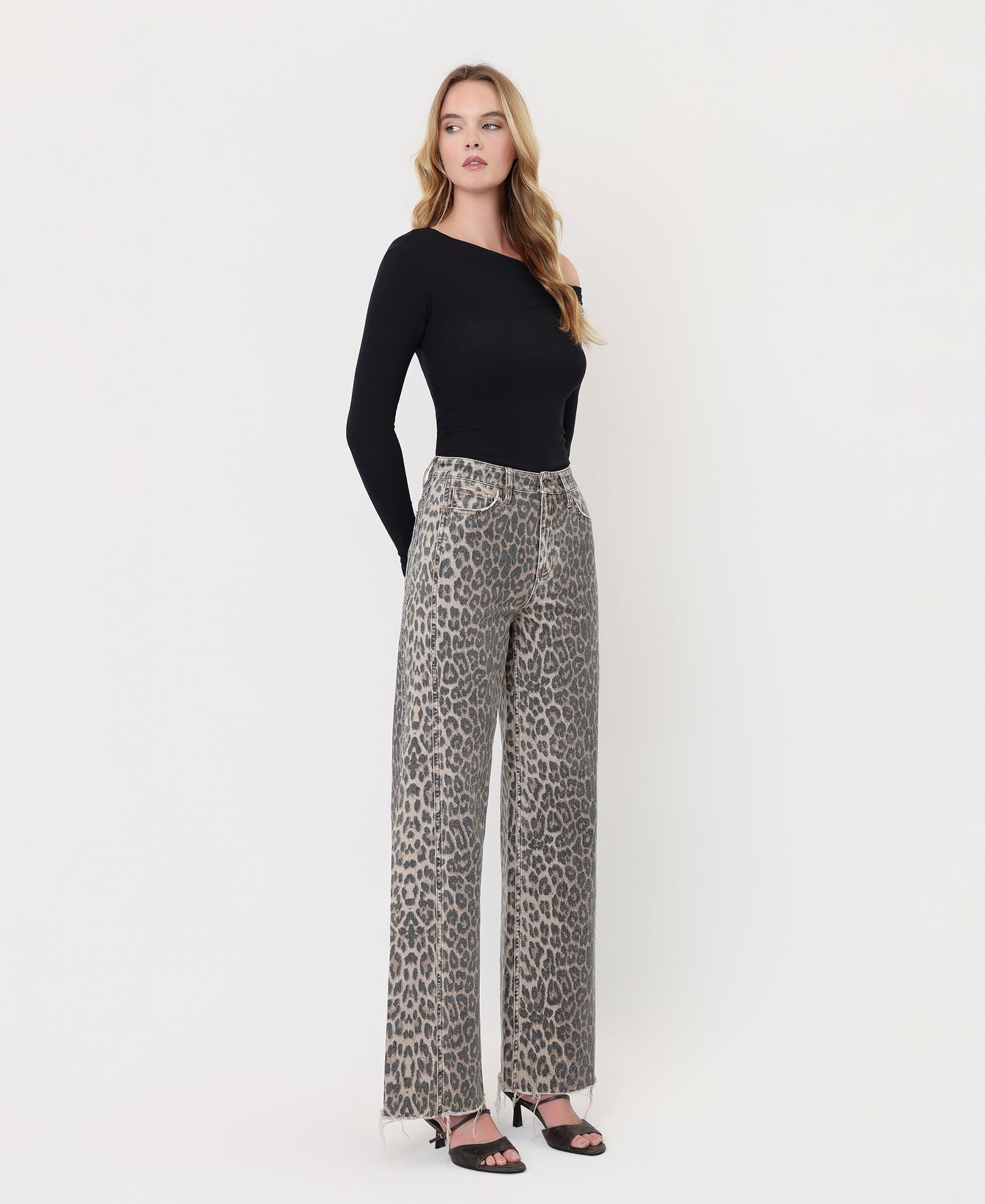 Right 45 degrees product image of Leopard - High Rise Side Seam Detail Wide Leg Jeans