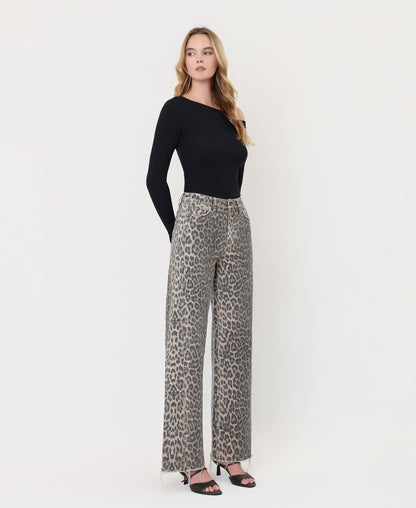 Right 45 degrees product image of Leopard - High Rise Side Seam Detail Wide Leg Jeans