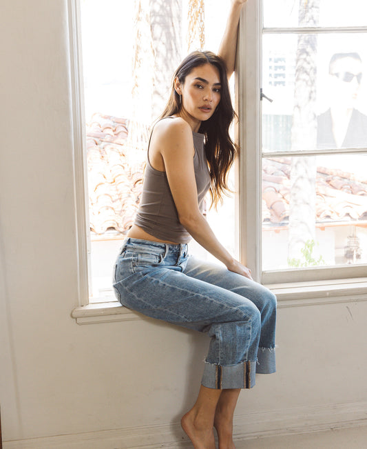 editorial image of Correctly - High Rise Side Seam Cuffed Crop Barrel Jeans