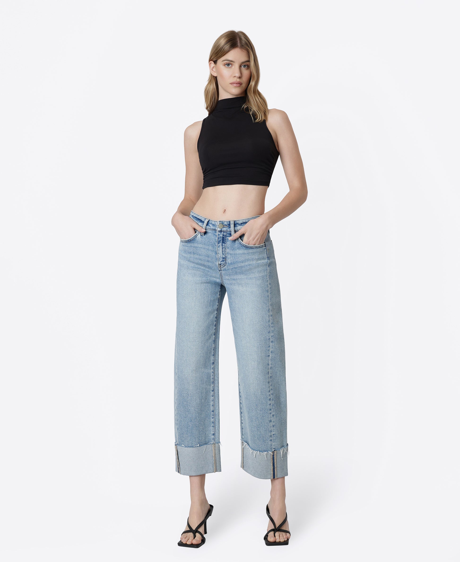 Front product images of Correctly - High Rise Side Seam Cuffed Crop Barrel Jeans