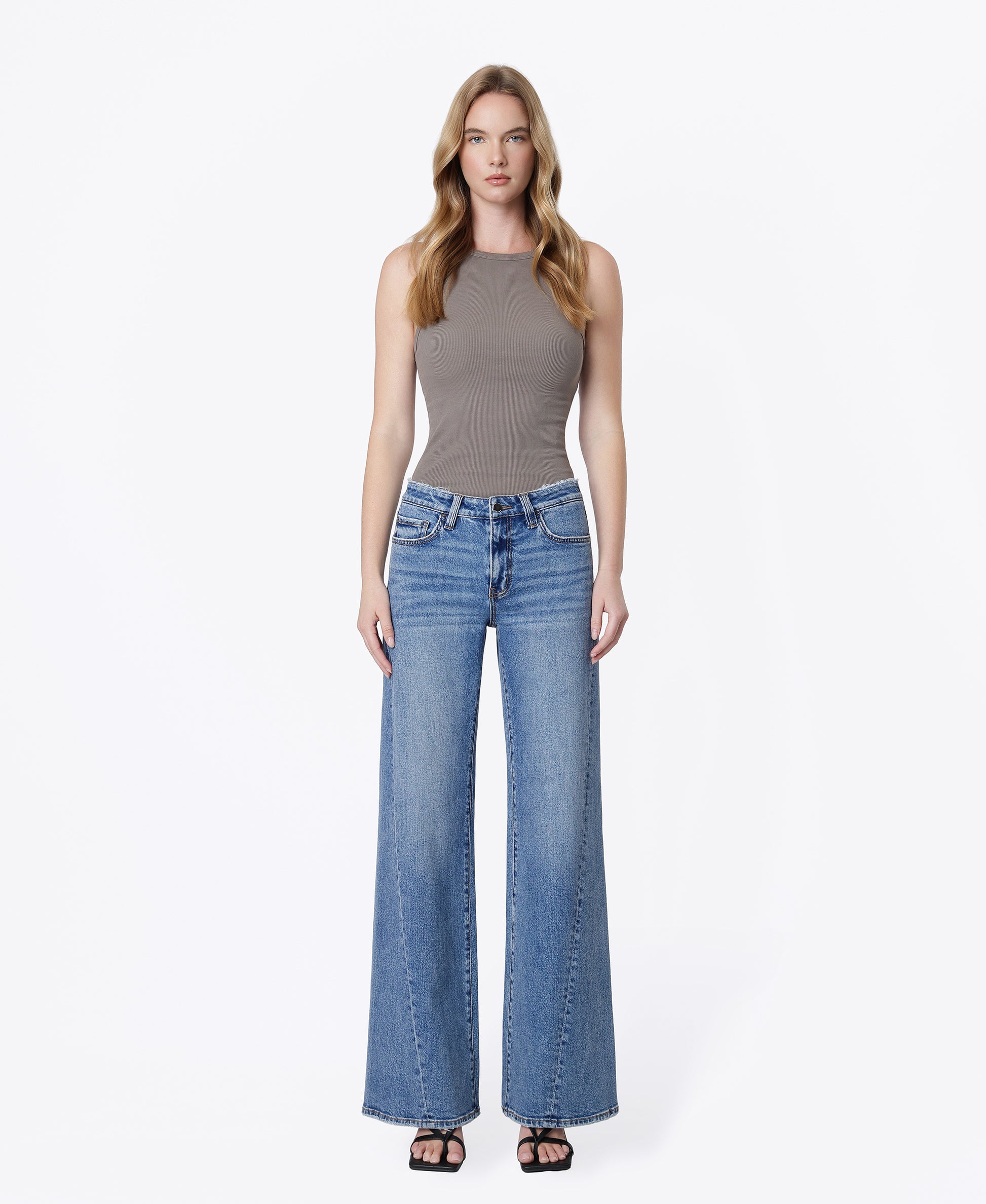Front product images of Great - Mid Rise Distressed Waistband Twisted Wide Leg Jeans
