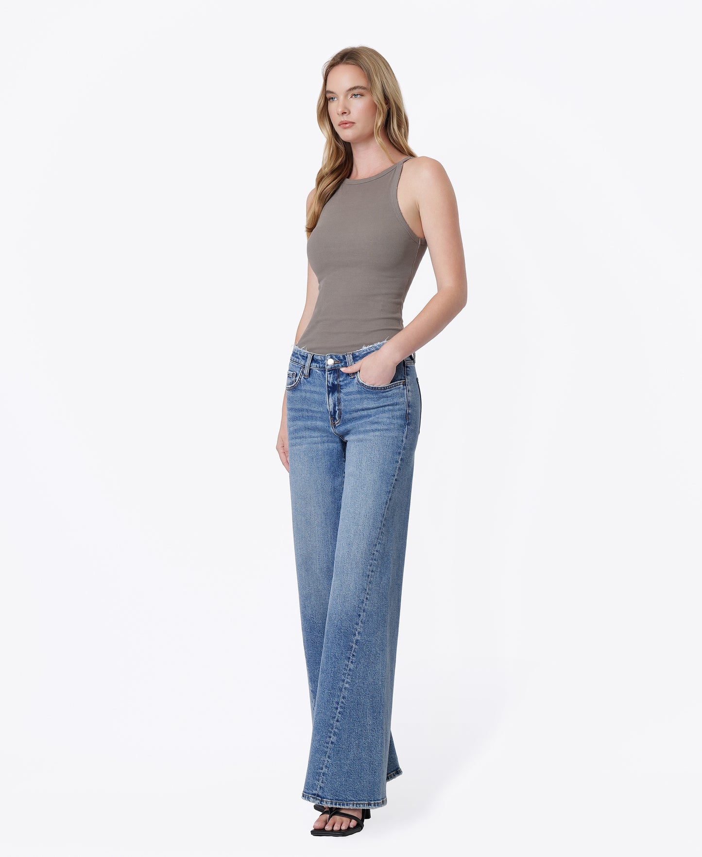Left 45 degrees product image of Great - Mid Rise Distressed Waistband Twisted Wide Leg Jeans