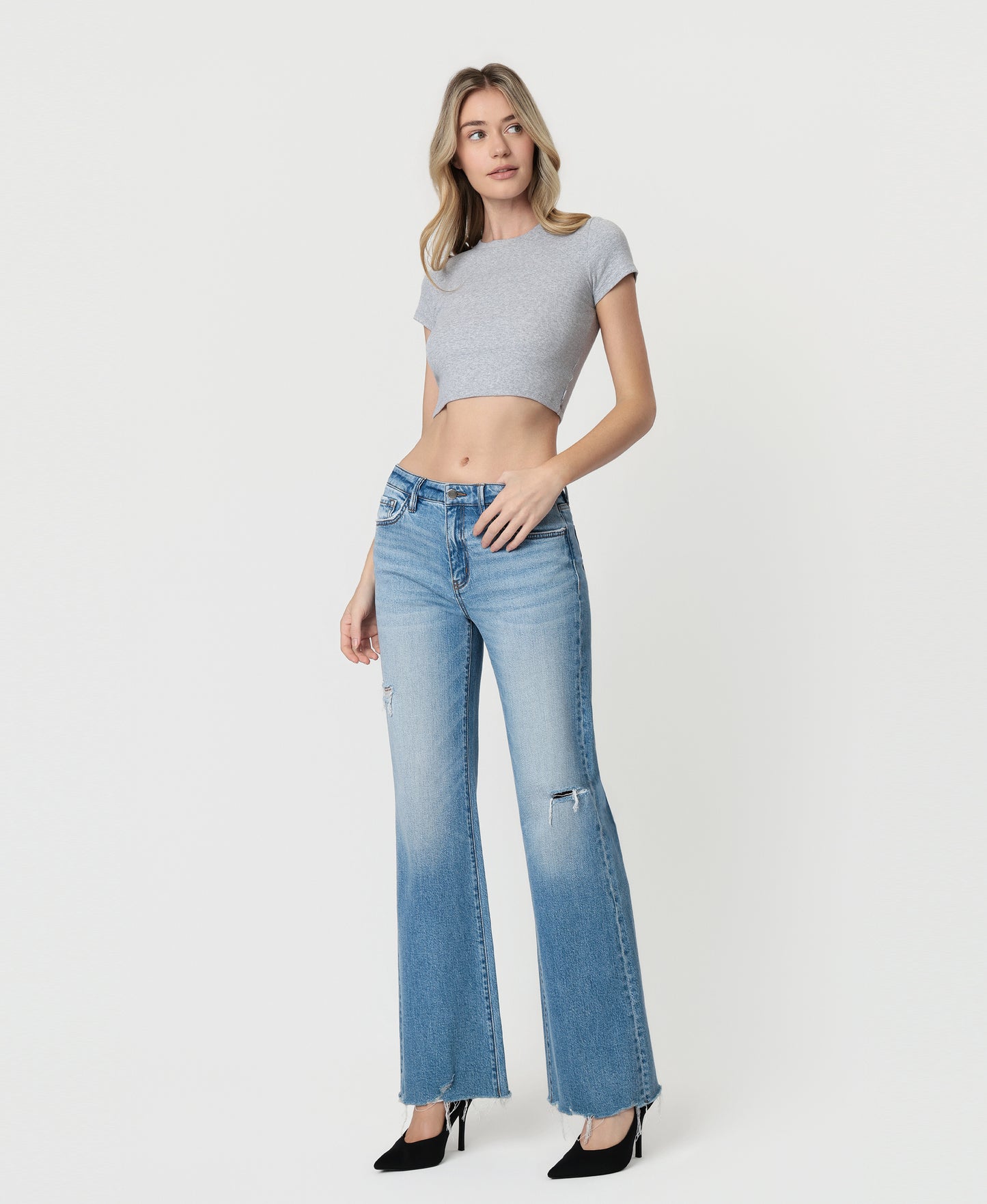 Left 45 degrees product image of Exultingly - High Rise Distressed Hem Vintage Flare Jeans