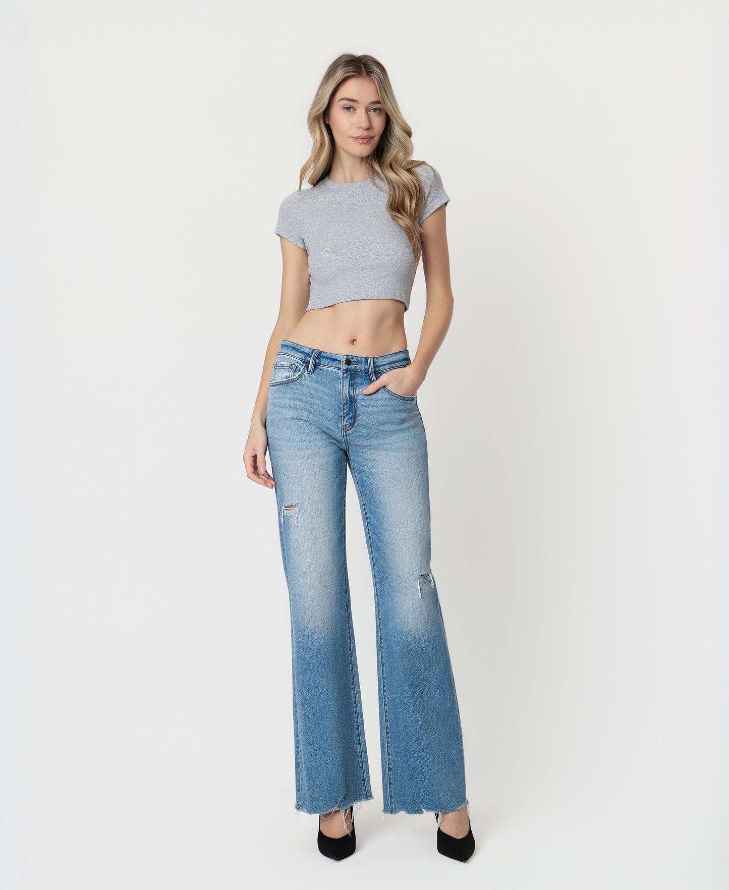 Front product images of Exultingly - High Rise Distressed Hem Vintage Flare Jeans