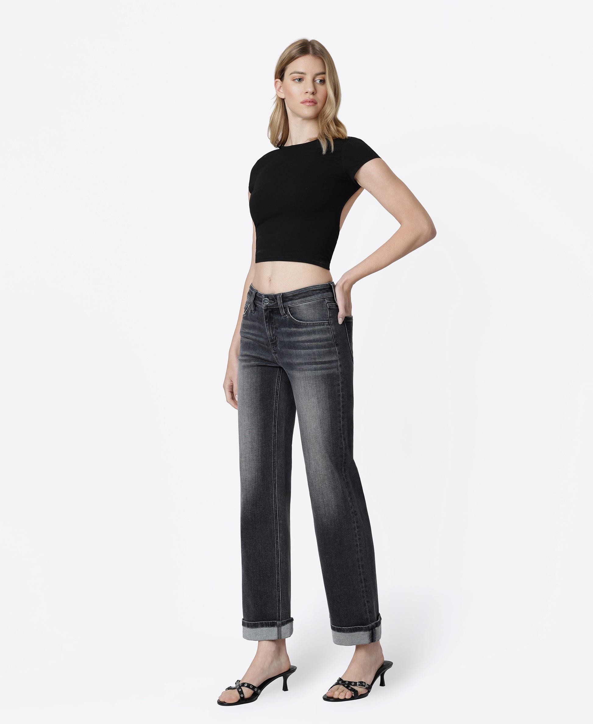 Left 45 degrees product image of Horizon - Mid Rise Cuffed Slim Wide Leg Jeans