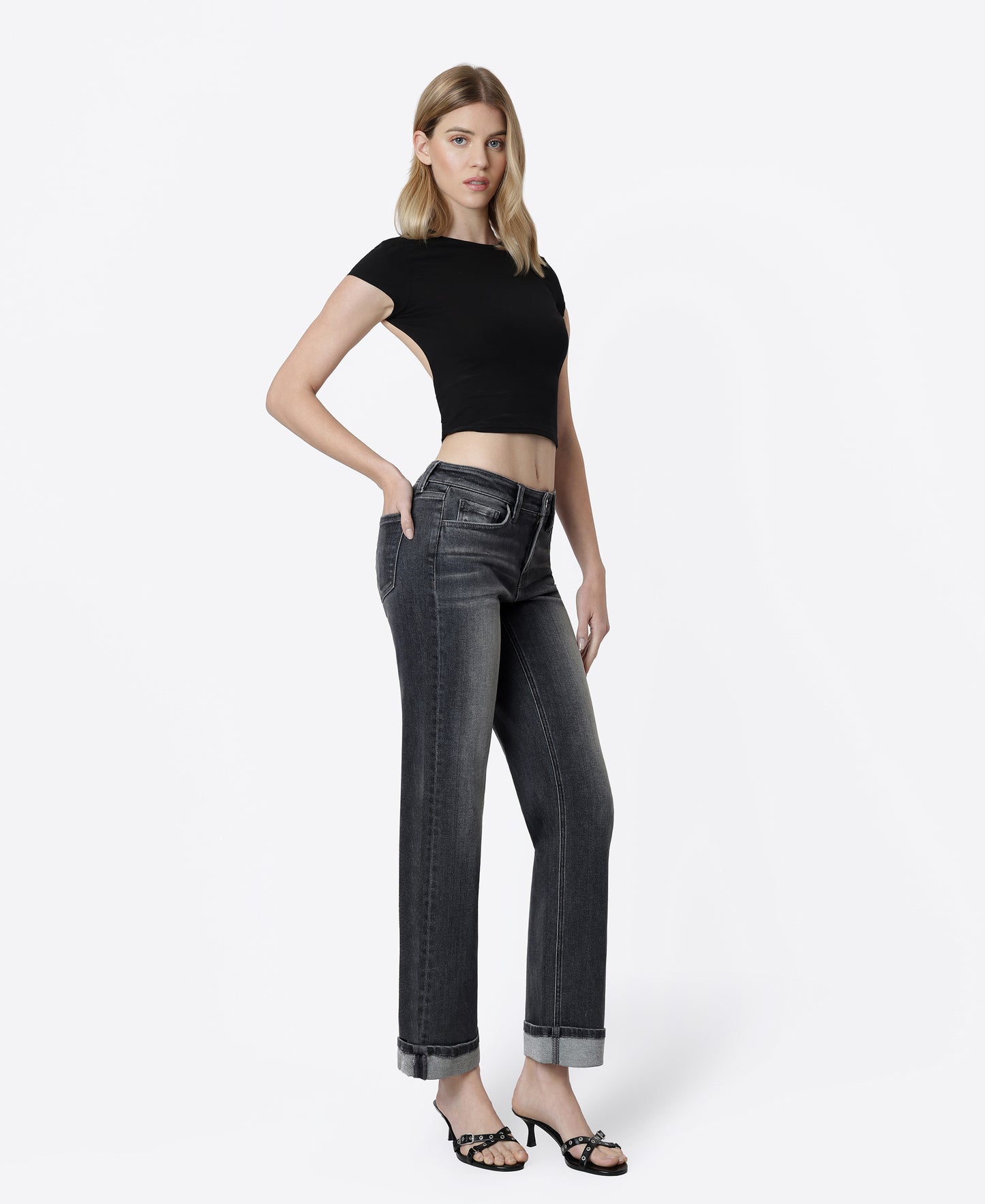 Right 45 degrees product image of Horizon - Mid Rise Cuffed Slim Wide Leg Jeans