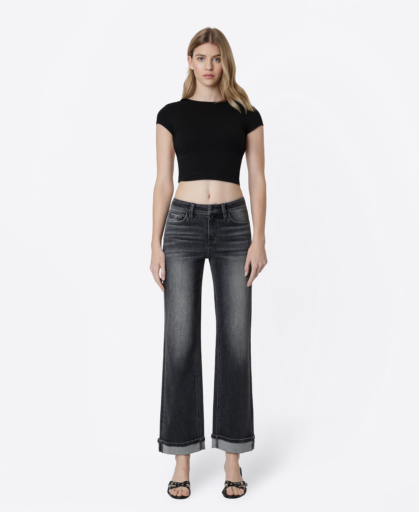 Front product images of Horizon - Mid Rise Cuffed Slim Wide Leg Jeans