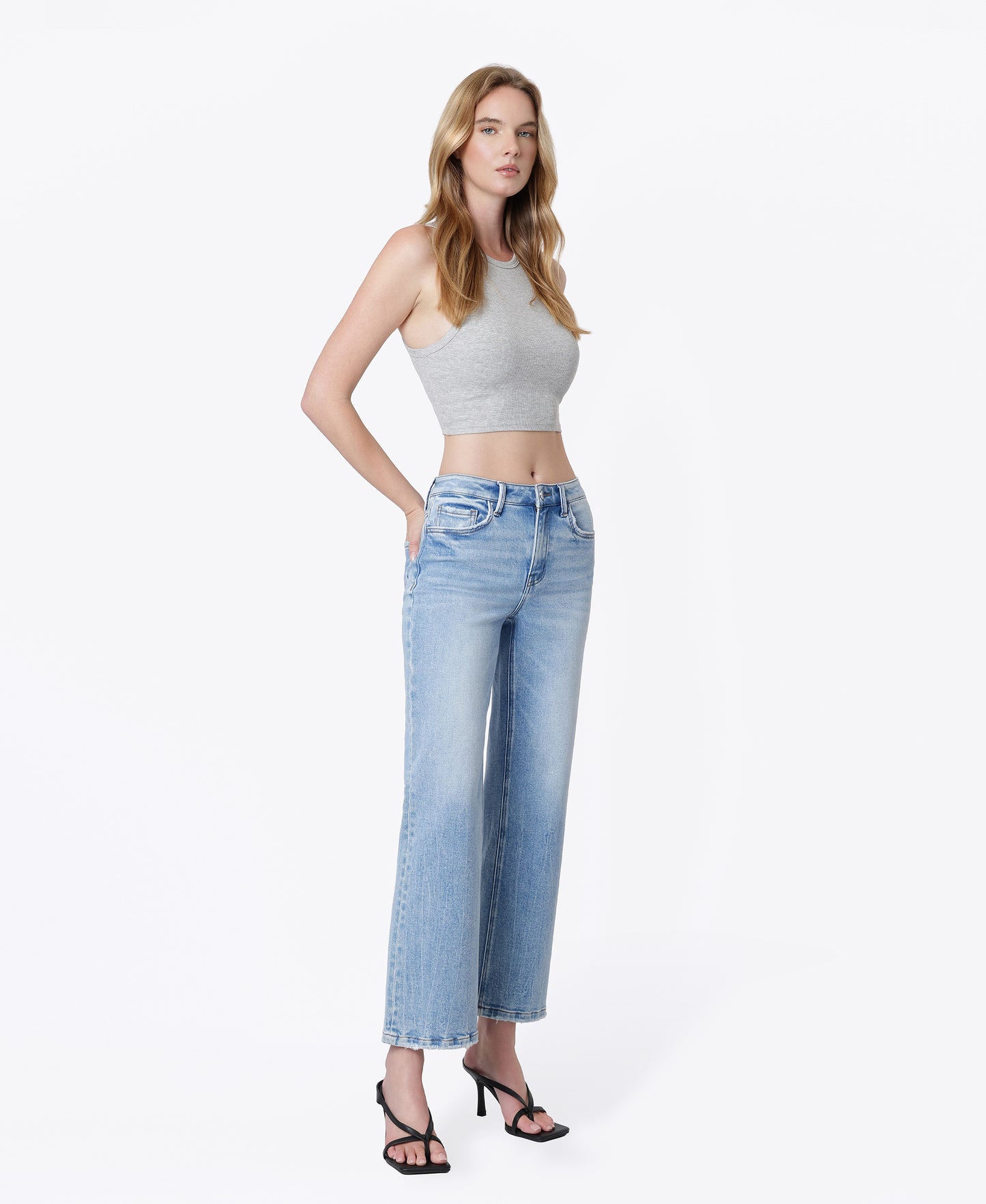 Right 45 degrees product image of Little Bitty - High Rise Vein Wash Ankle Slim Wide Leg Jeans