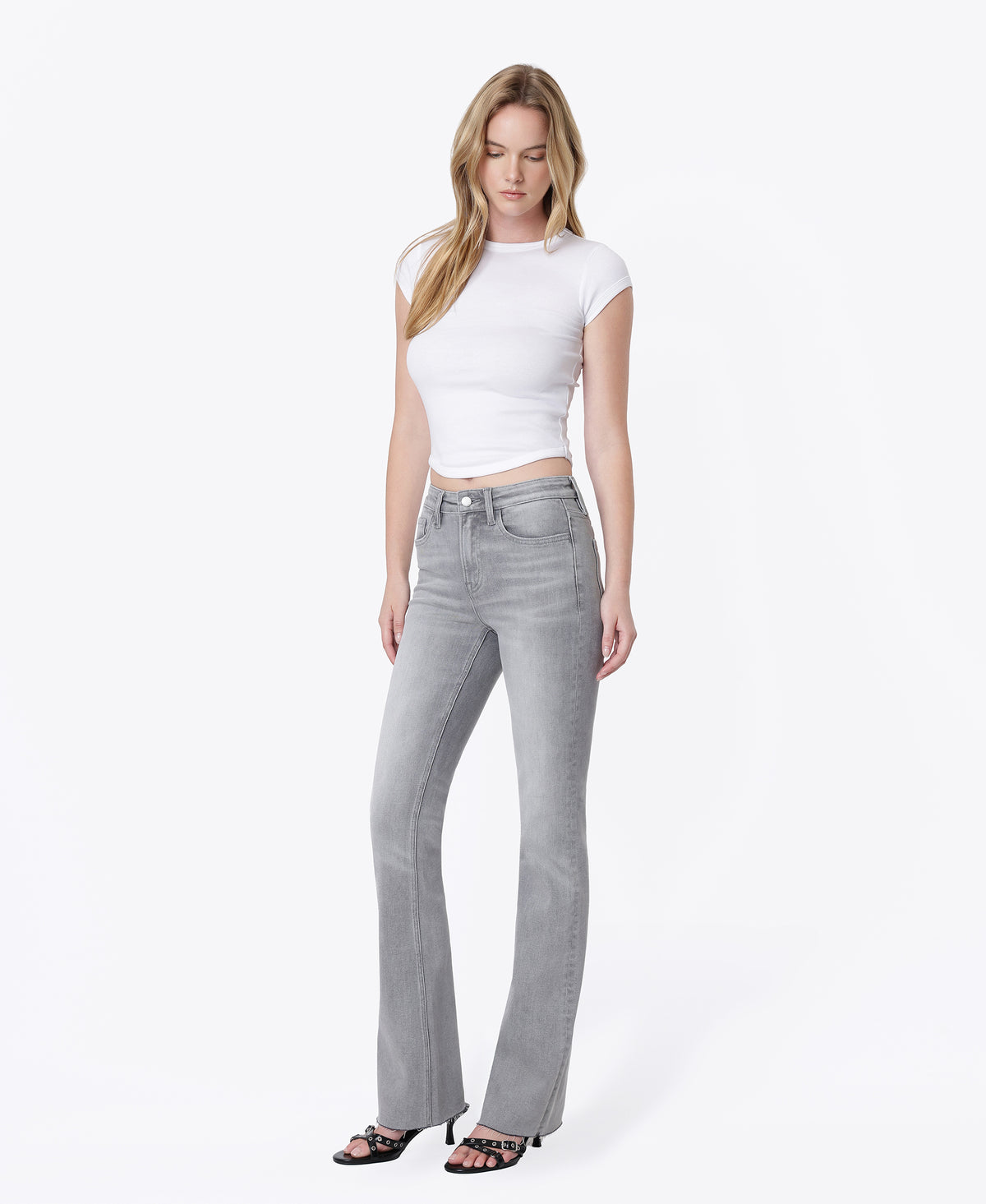 Left 45 degrees product image of Grey - High Rise Clean Cut Raw Hem Bootcut Jeans
