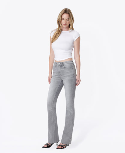 Left 45 degrees product image of Grey - High Rise Clean Cut Raw Hem Bootcut Jeans