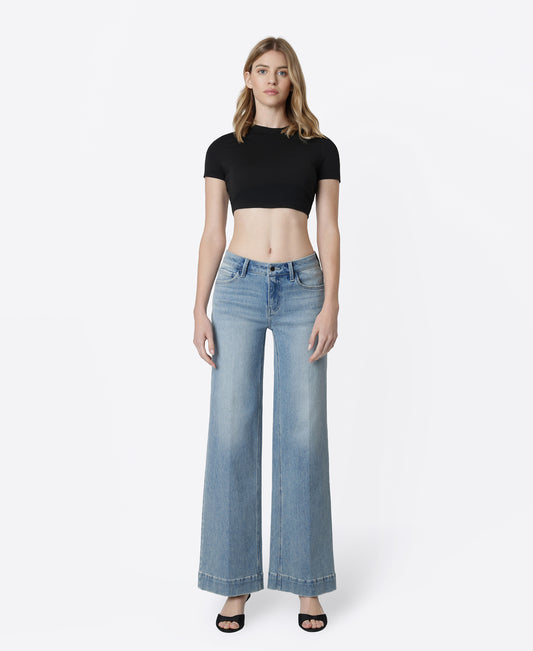Front product images of Unrivaled - Mid Rise Trouser Hem Tinted Wide Leg Jeans