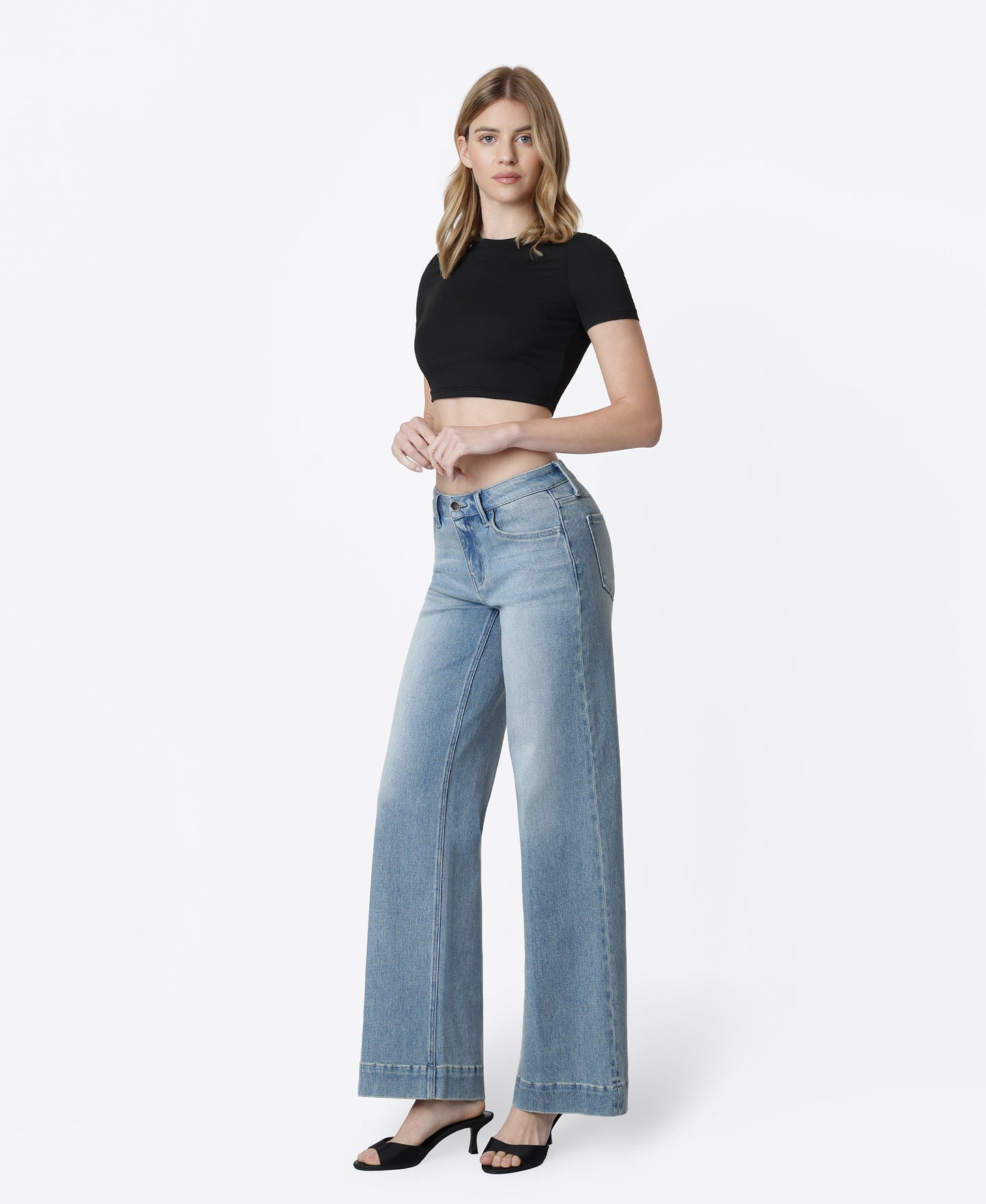 Left 45 degrees product image of Unrivaled - Mid Rise Trouser Hem Tinted Wide Leg Jeans