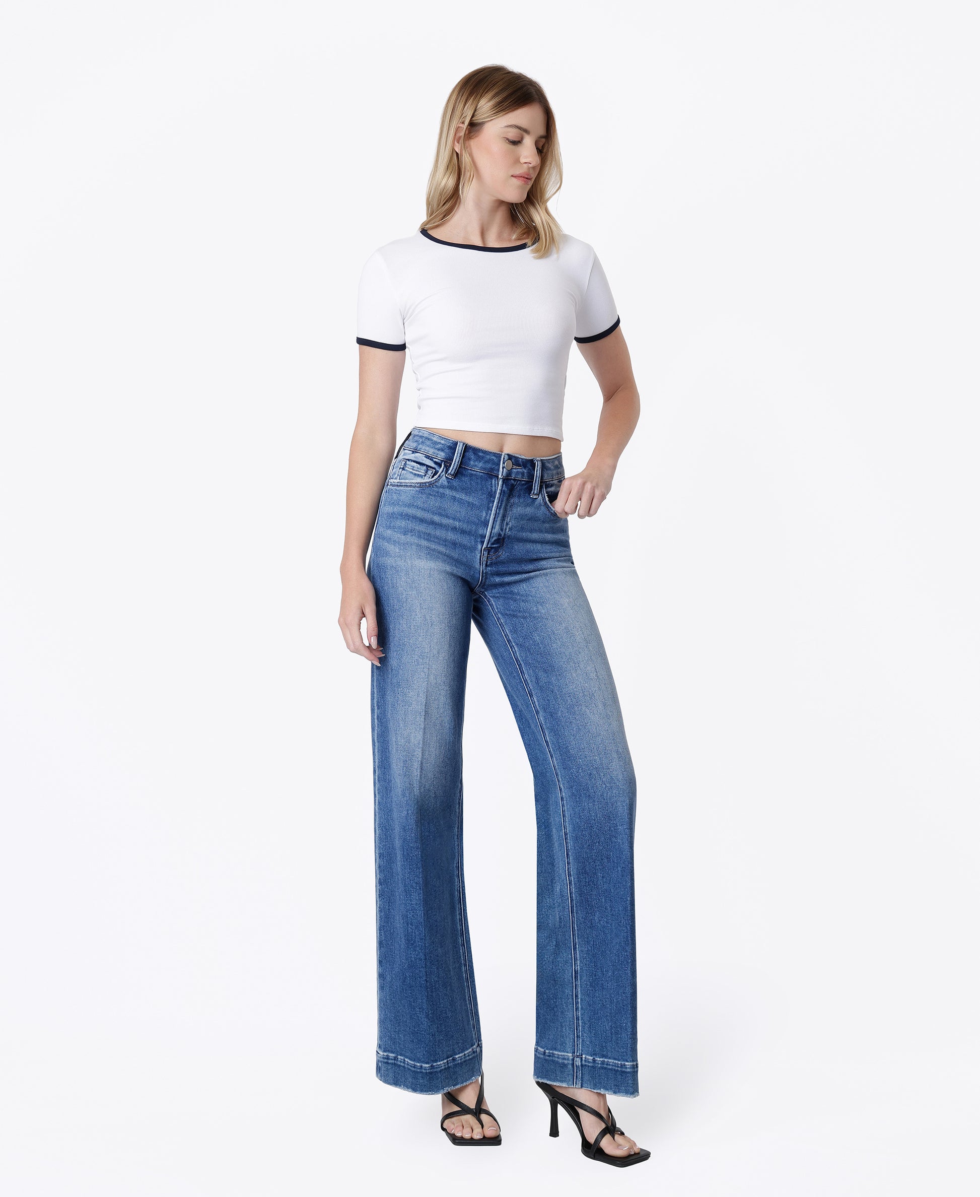 Right 45 degrees product image of Aquarius - High Rise Trouser Fold Crease Wide Leg Jeans