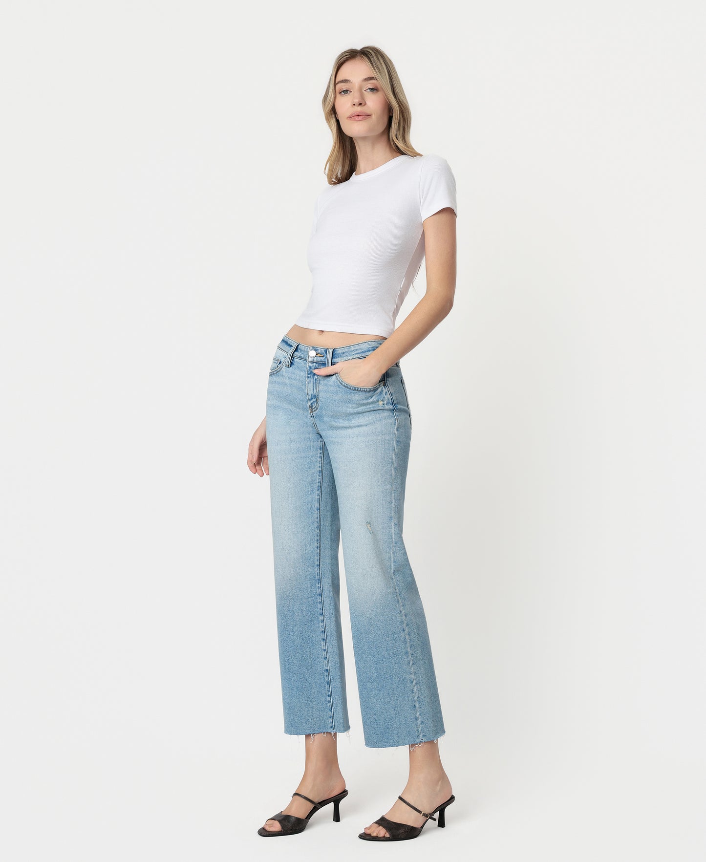 Left 45 degrees product image of Arrow - Mid Rise Tinted Crop Slim Wide Leg Jeans