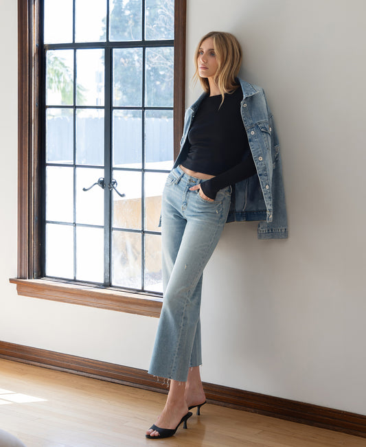 editorial image of Arrow - Mid Rise Tinted Crop Slim Wide Leg Jeans
