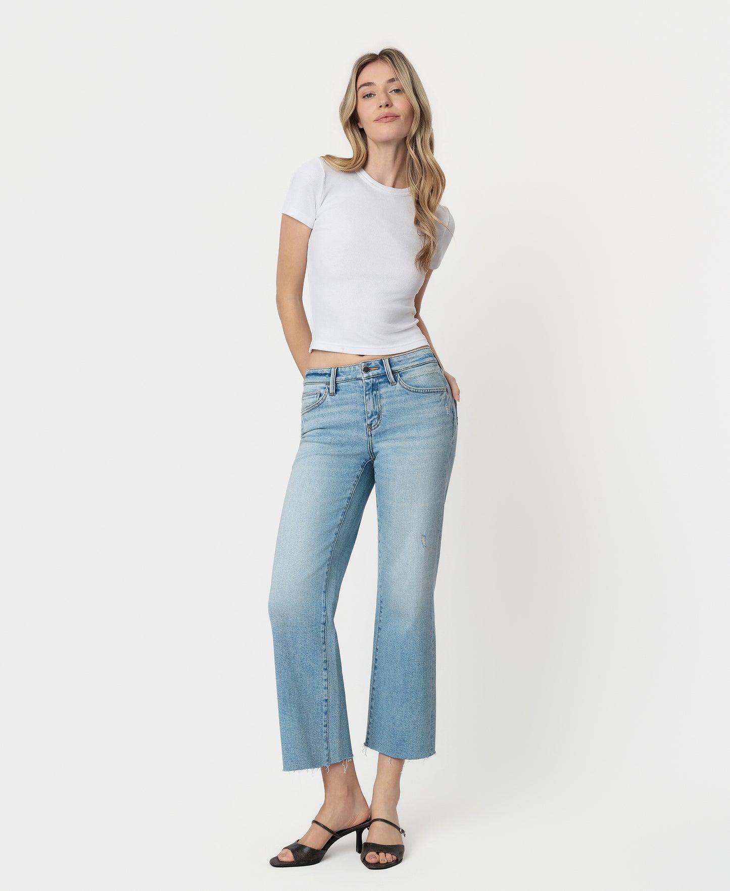 Front product images of Arrow - Mid Rise Tinted Crop Slim Wide Leg Jeans