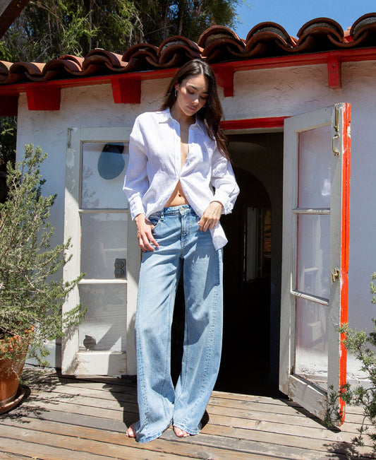 editorial image of Philanthropic - High Rise Side Seamed Tinted Wide Leg Jeans