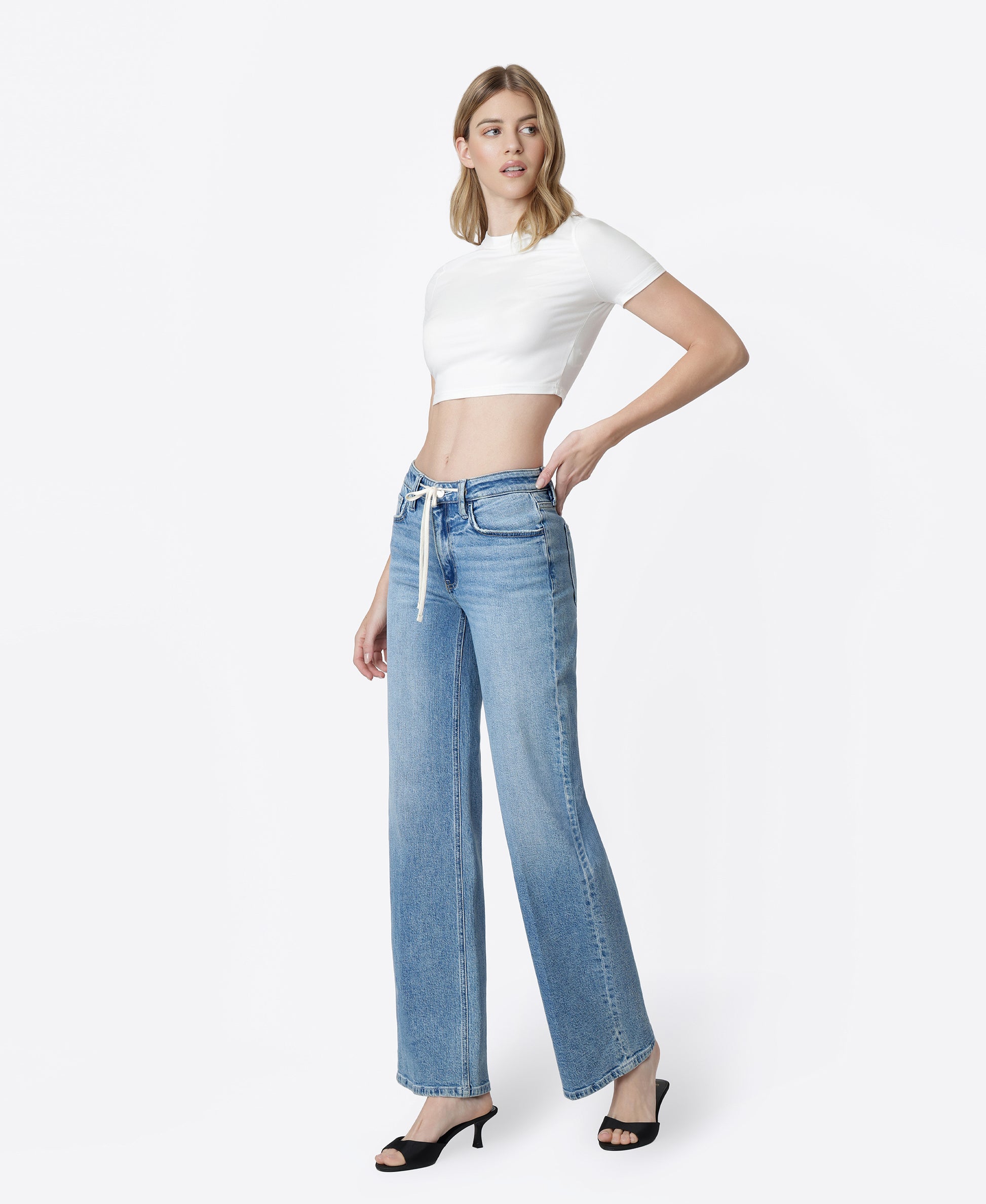 Left 45 degrees product image of Ardently - High Rise Trouser Fold Drawstring Wide Leg Jeans