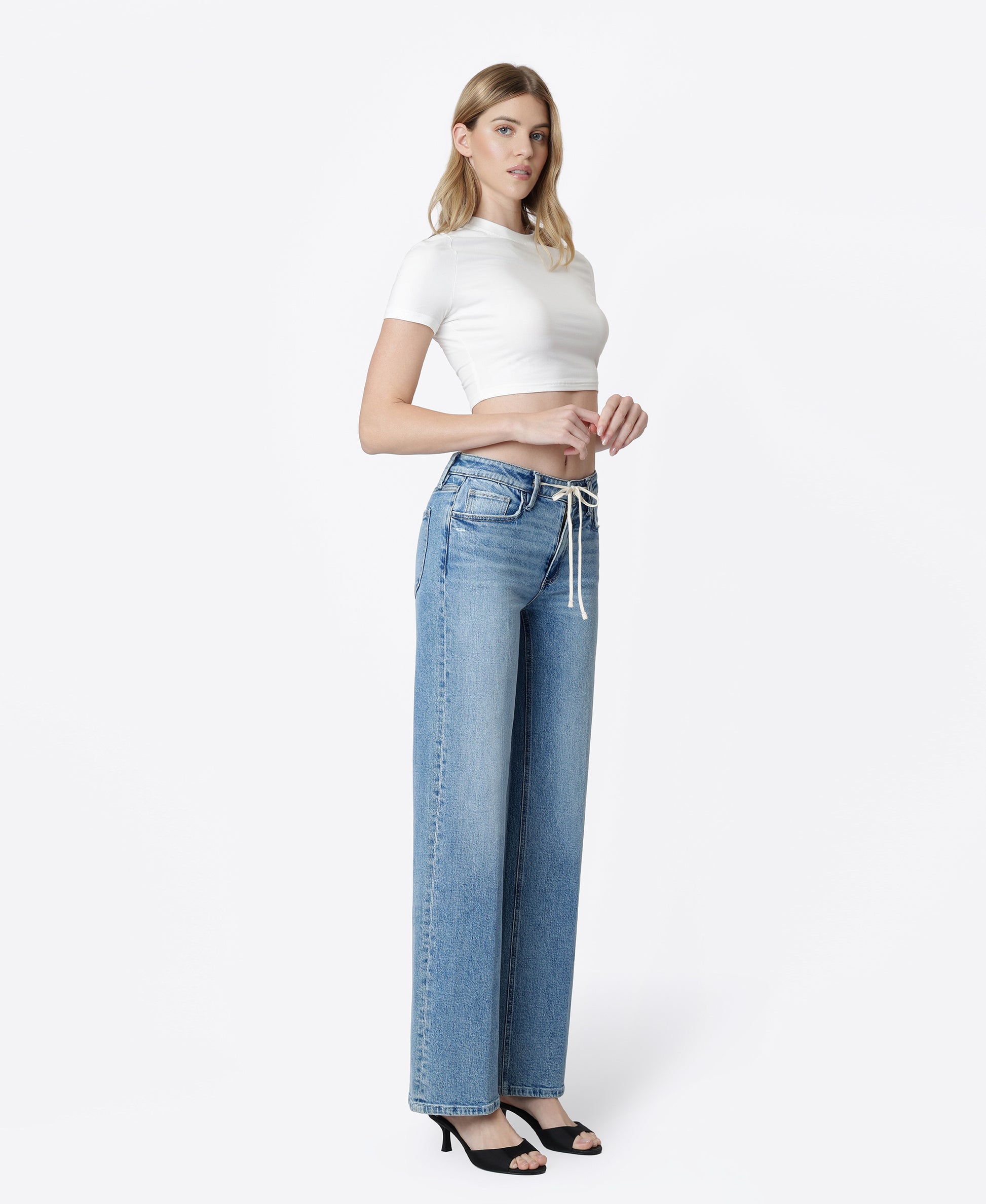 Right 45 degrees product image of Ardently - High Rise Trouser Fold Drawstring Wide Leg Jeans