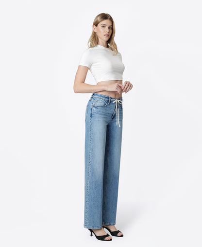 Right 45 degrees product image of Ardently - High Rise Trouser Fold Drawstring Wide Leg Jeans