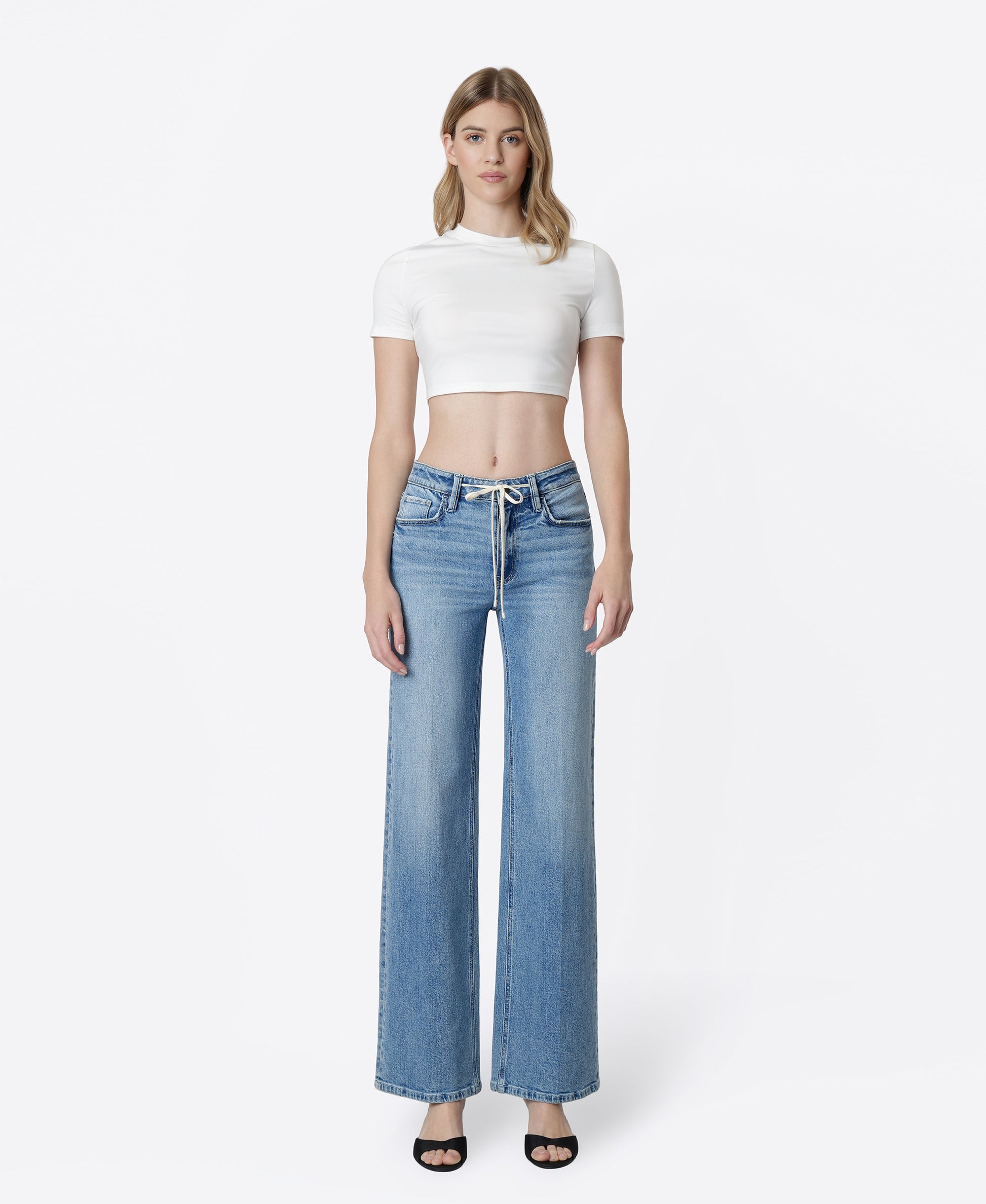 Front product images of Ardently - High Rise Trouser Fold Drawstring Wide Leg Jeans