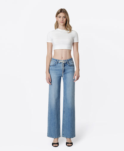 Front product images of Ardently - High Rise Trouser Fold Drawstring Wide Leg Jeans