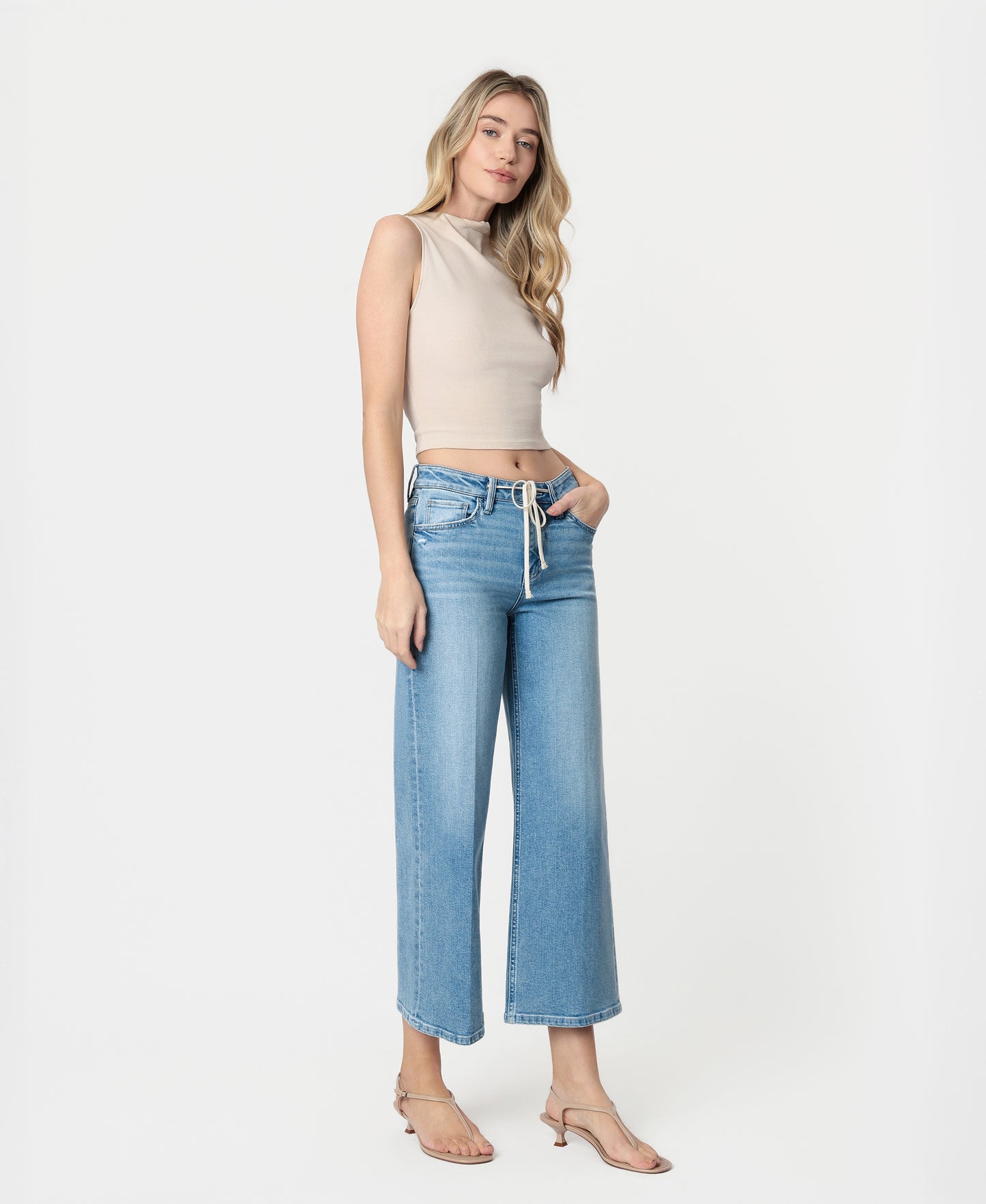 Right 45 degrees product image of Divine - High Rise Trouser Fold Drawstring Crop Wide Leg Jeans