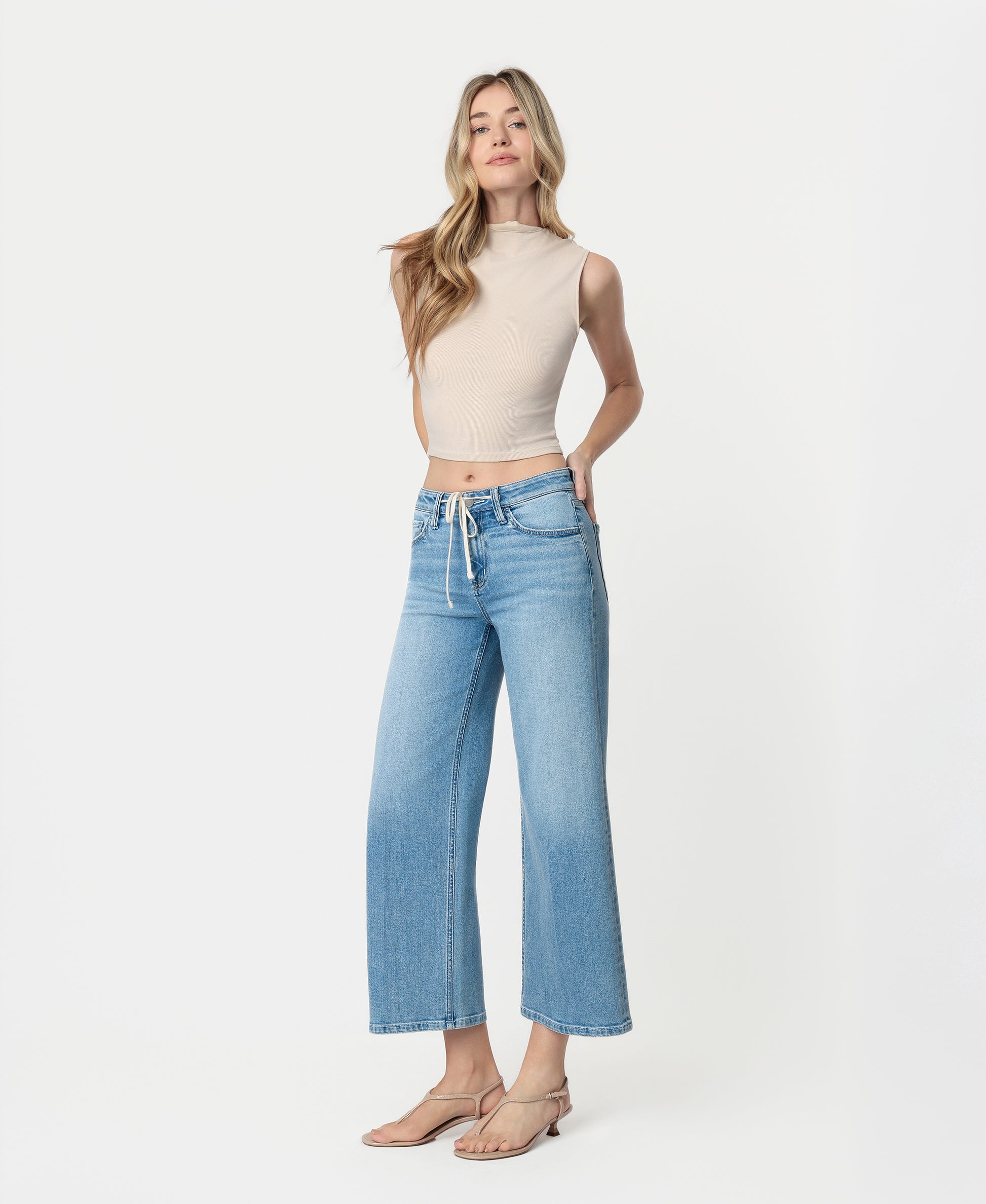 Left 45 degrees product image of Divine - High Rise Trouser Fold Drawstring Crop Wide Leg Jeans