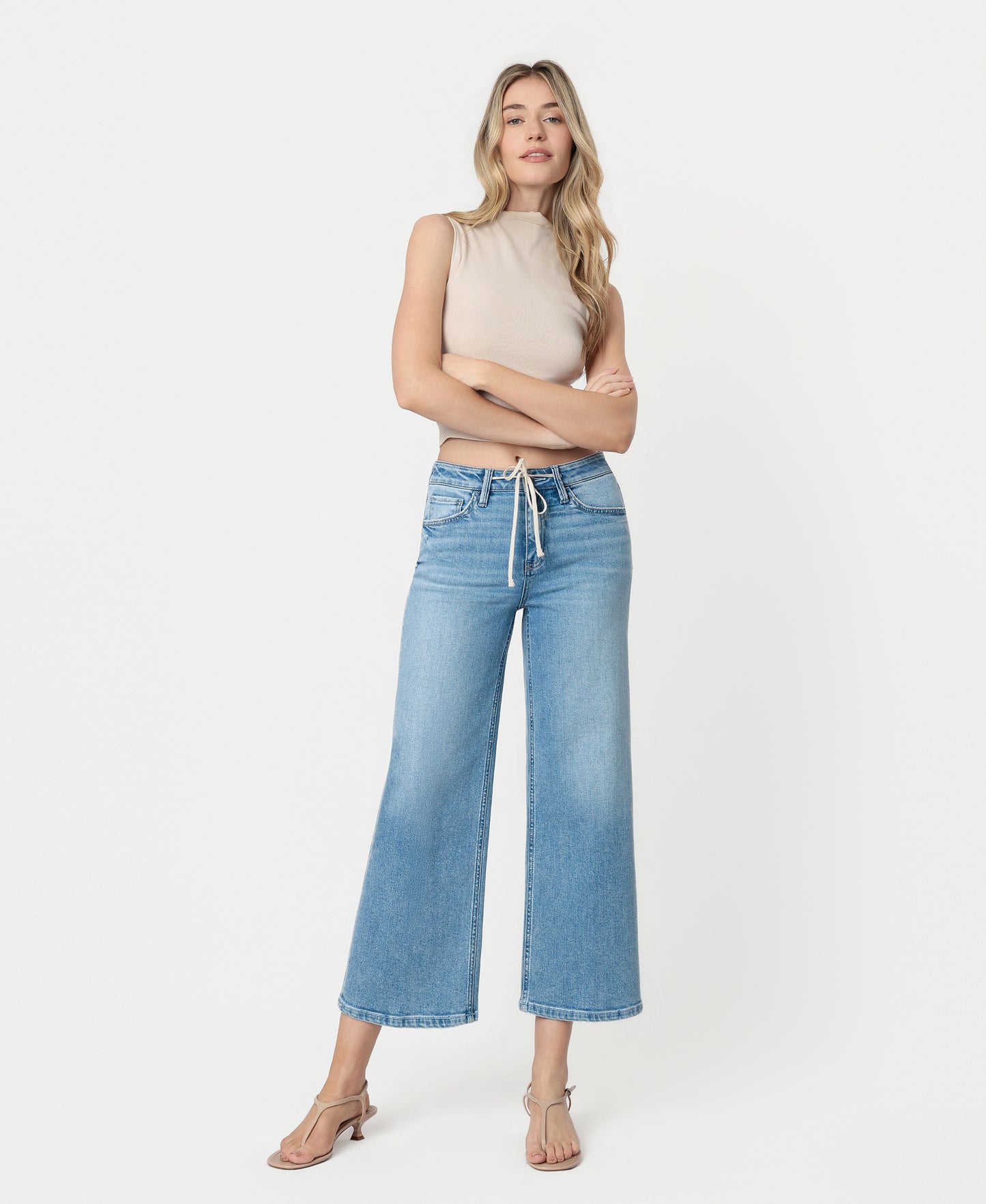 Front product images of Divine - High Rise Trouser Fold Drawstring Crop Wide Leg Jeans