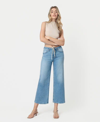 Front product images of Divine - High Rise Trouser Fold Drawstring Crop Wide Leg Jeans