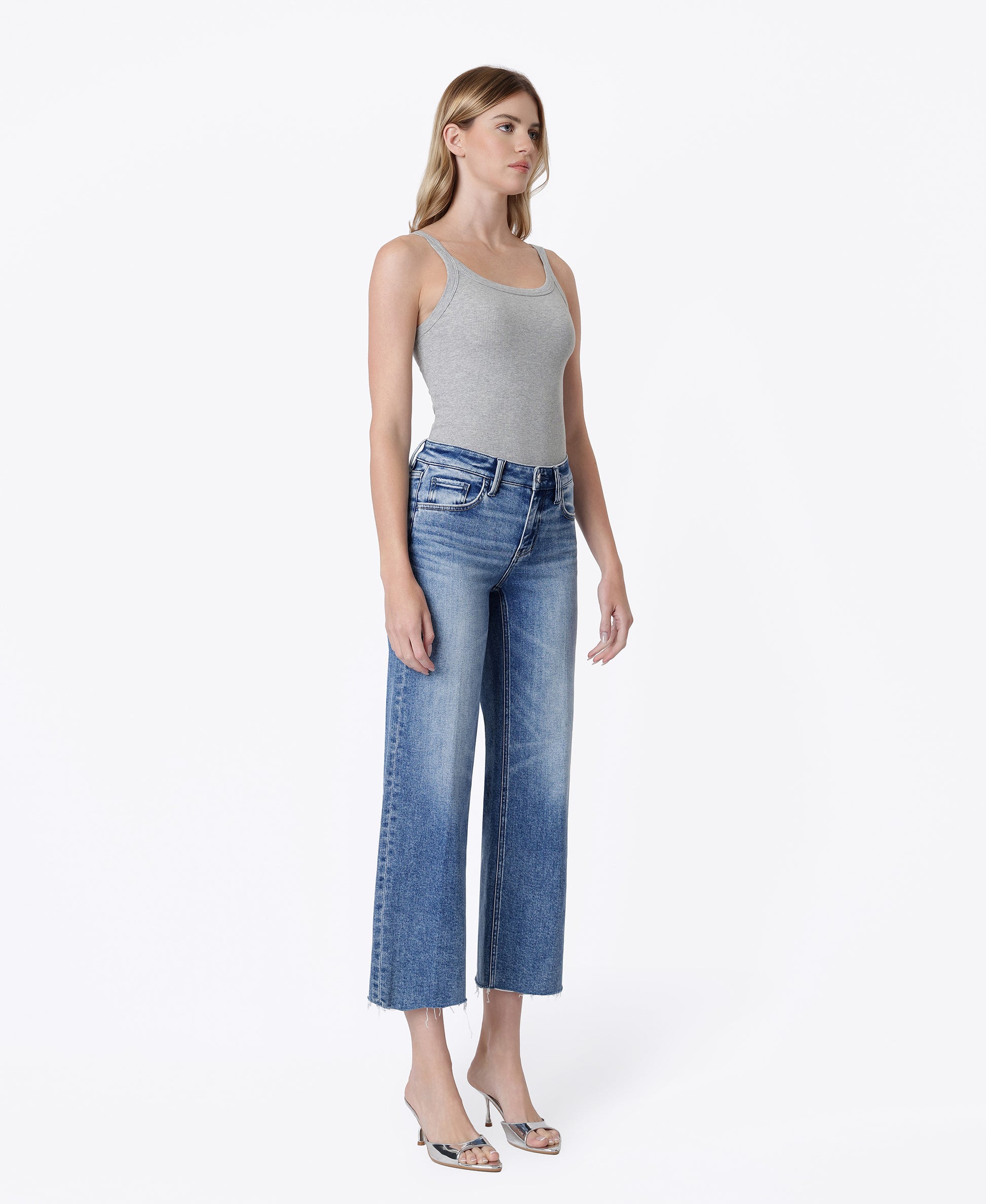 Right 45 degrees product image of Butterflies - Mid Rise Trouser Fold Creased Crop Wide Leg Jeans