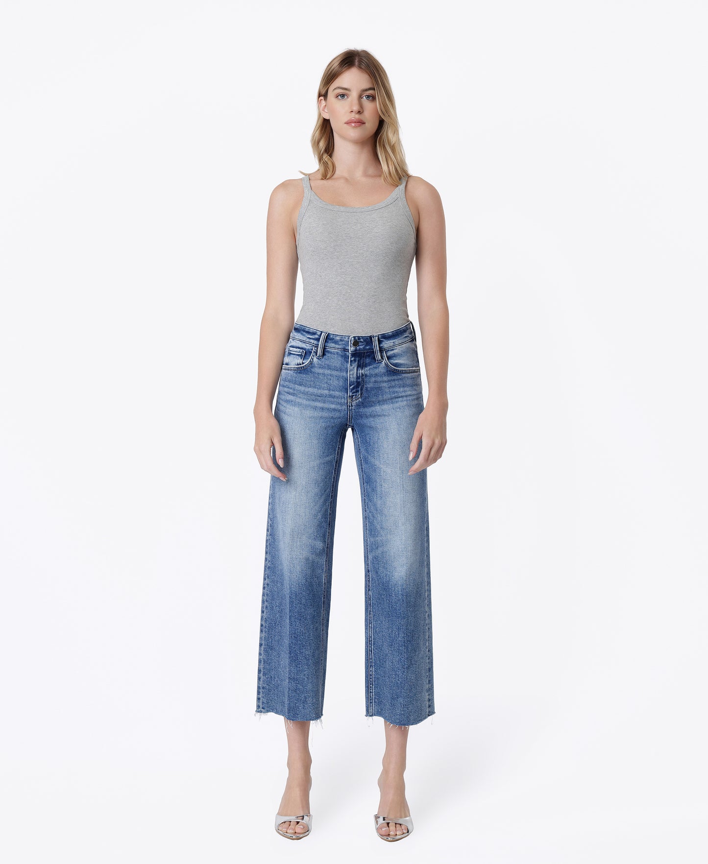 Front product images of Butterflies - Mid Rise Trouser Fold Creased Crop Wide Leg Jeans
